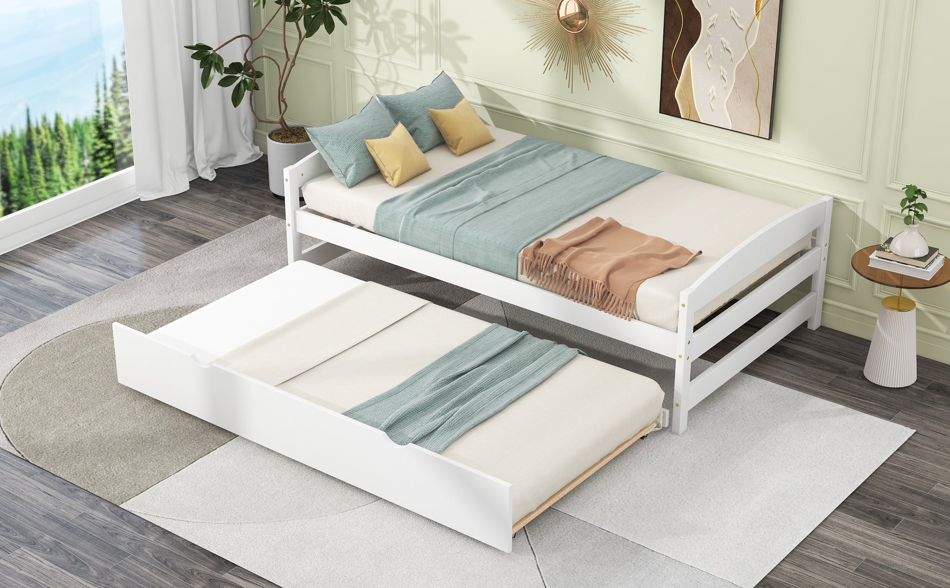 Twin Size Platform Bed With Twin Size Trundle, White Box Spring Not Required Twin White Wood Bedroom Pine