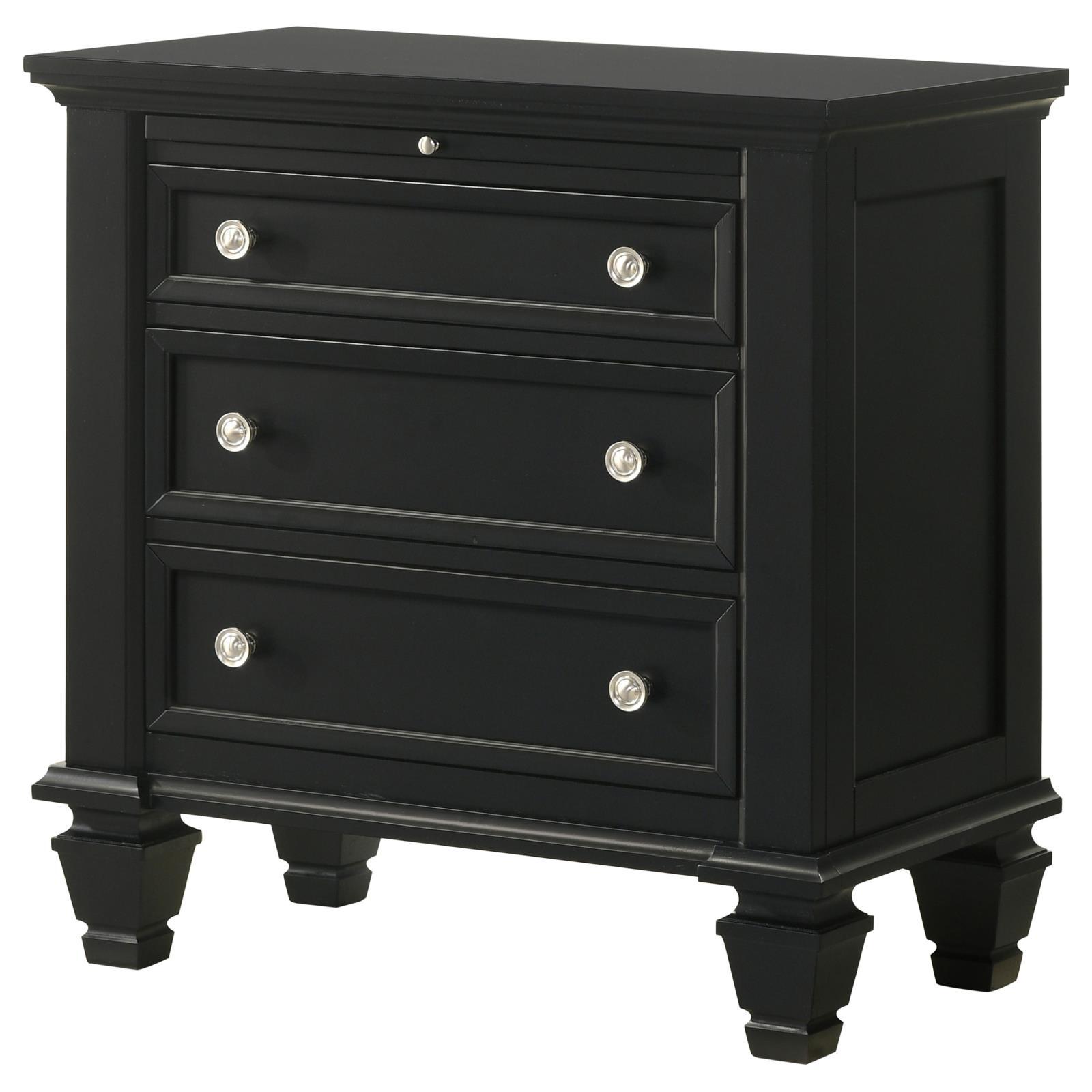 Black 3 Drawer Nightstand With Pull Out Tray Black 3 Drawers Bedroom Drawer Storage Coastal Rubberwood Felt Lined Drawers Black Wood