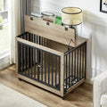 Furniture Style Dog Crate Side Table With Feeding Bowl, Wheels, Three Doors, Flip Up Top Opening. Indoor, Grey, 38.58