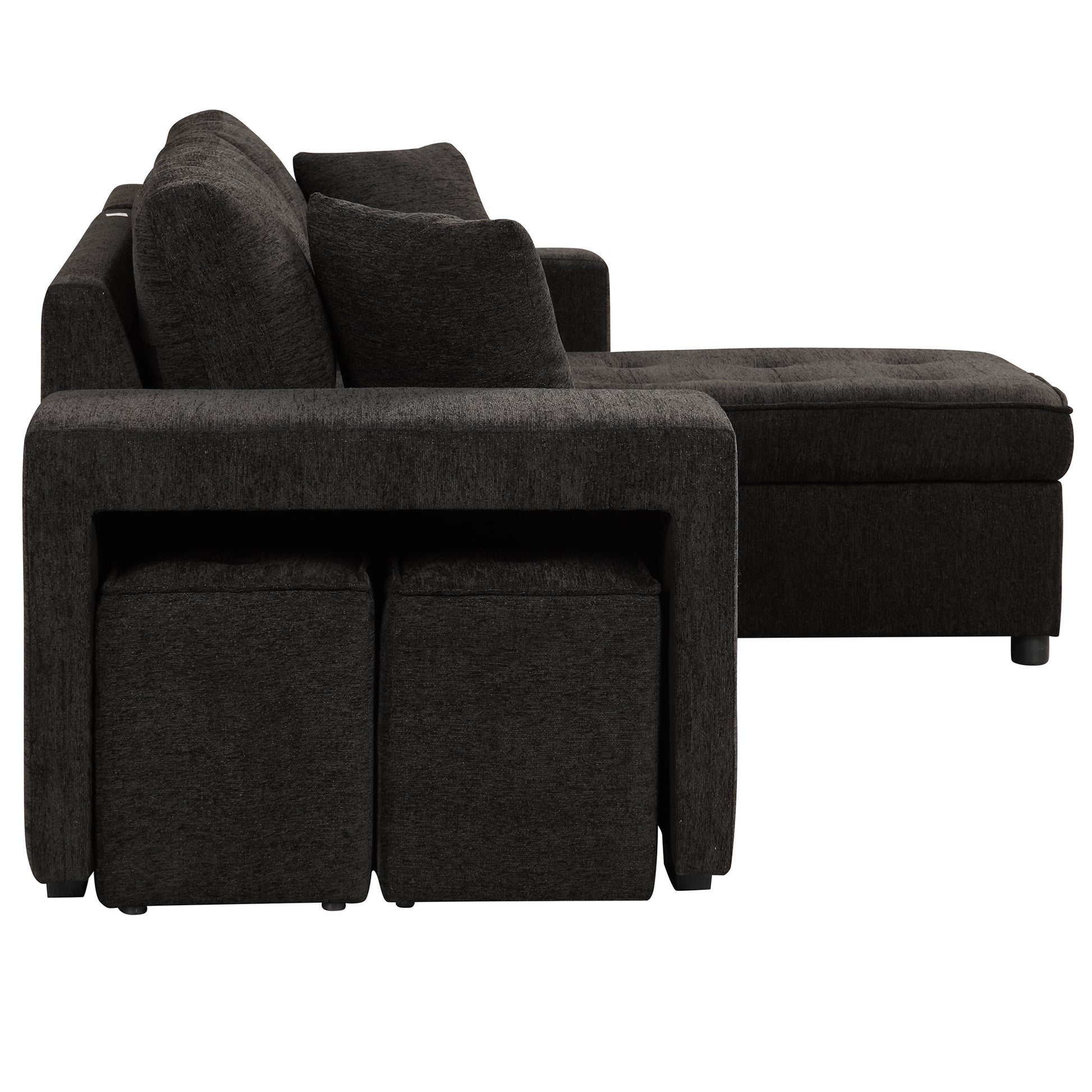 104.5" Modern L Shape 3 Seat Reversible Sectional Couch, Pull Out Sleeper Sofa With Storage Chaise And 2 Stools For Living Room Furniture Set, Charcoal Grey Charcoal Grey Foam Chenille 3 Seat