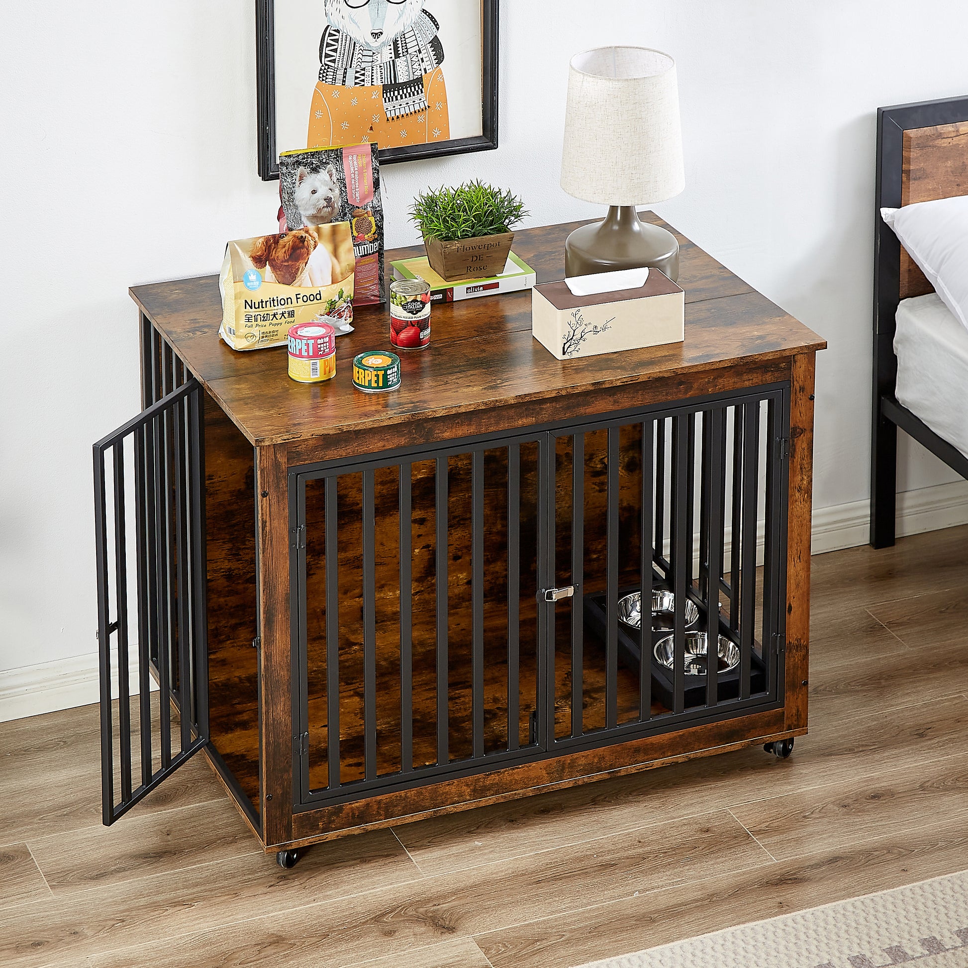 Furniture Style Dog Crate Side Table With Feeding Bowl, Wheels, Three Doors, Flip Up Top Opening. Indoor, Rustic Brown, 43.7"W X 30"D X 33.7"H Rustic Brown Particle Board