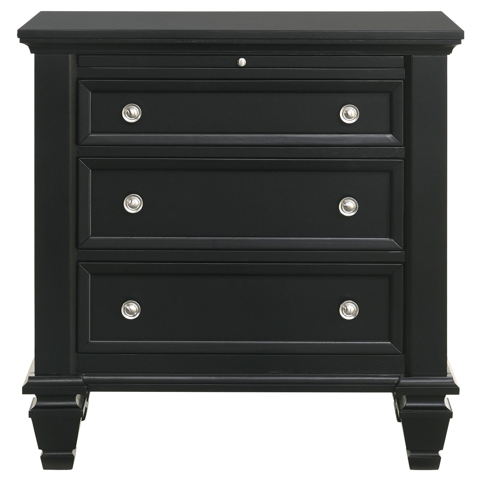 Black 3 Drawer Nightstand With Pull Out Tray Black 3 Drawers Bedroom Drawer Storage Coastal Rubberwood Felt Lined Drawers Black Wood