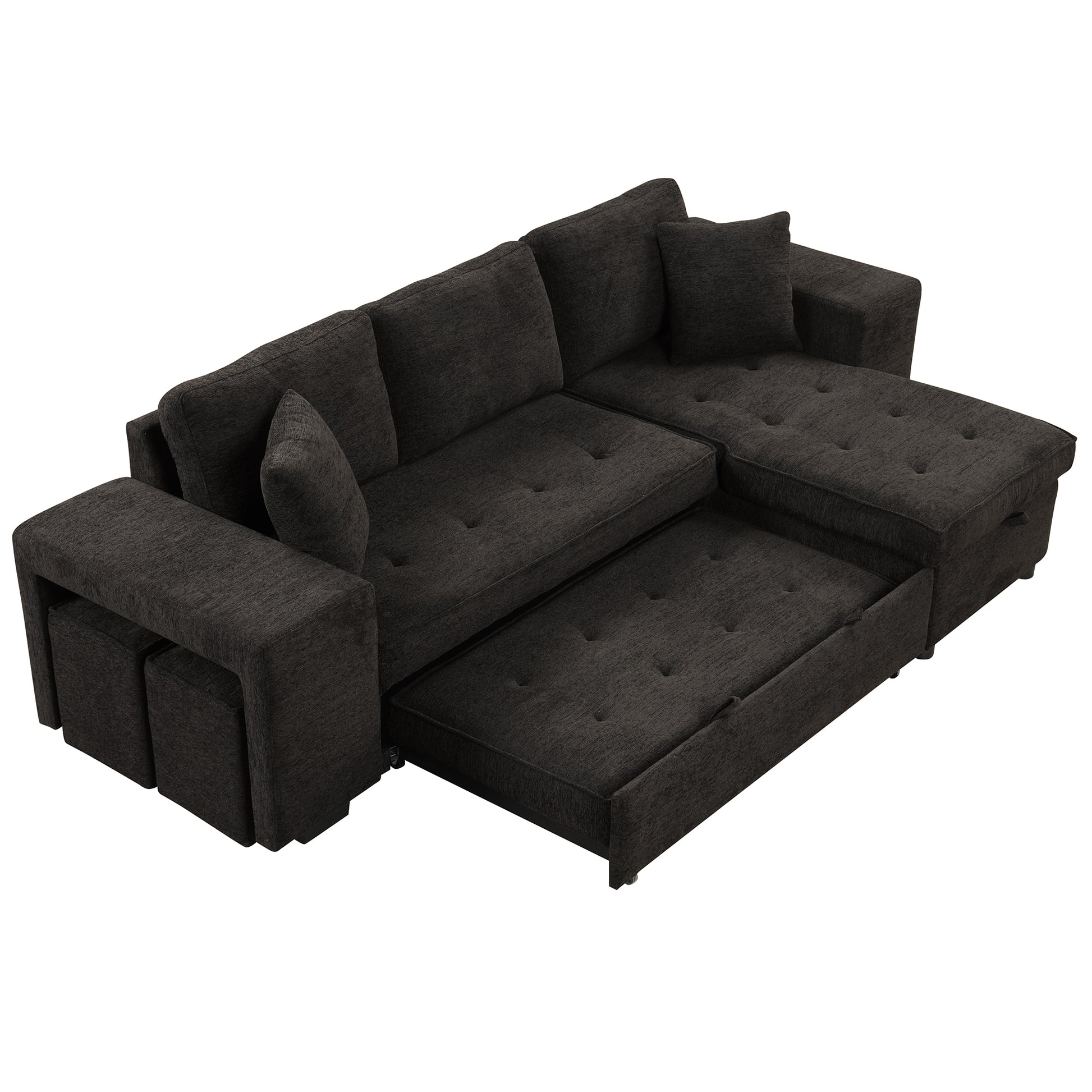 104.5" Modern L Shape 3 Seat Reversible Sectional Couch, Pull Out Sleeper Sofa With Storage Chaise And 2 Stools For Living Room Furniture Set, Charcoal Grey Charcoal Grey Foam Chenille 3 Seat