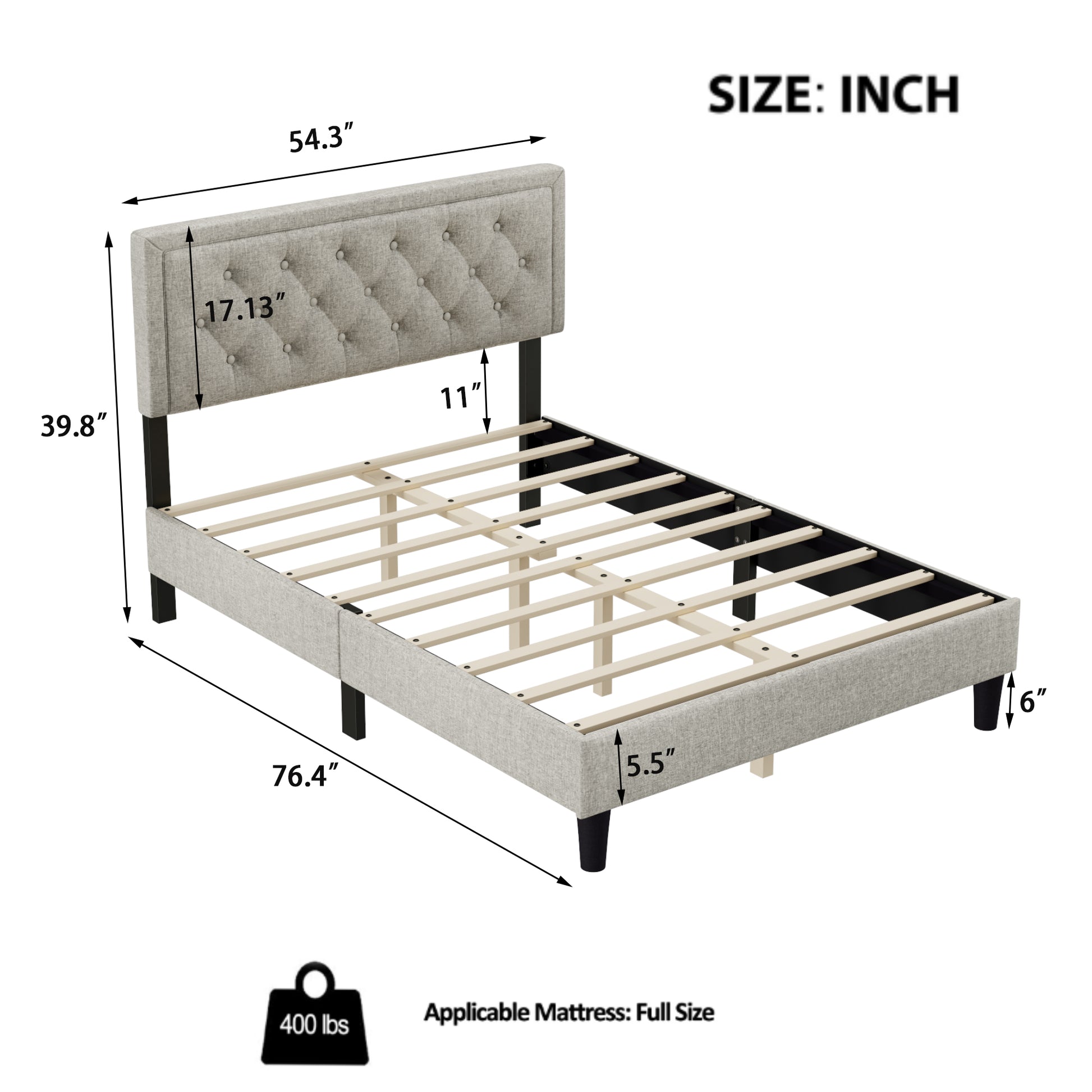 Full Size Panel Bed Frame With Adjustable Button Tufted Headboard For Bedroom Linen Upholstered Wood Slat Support Easy Assembly,Linen Beige Beige Wood