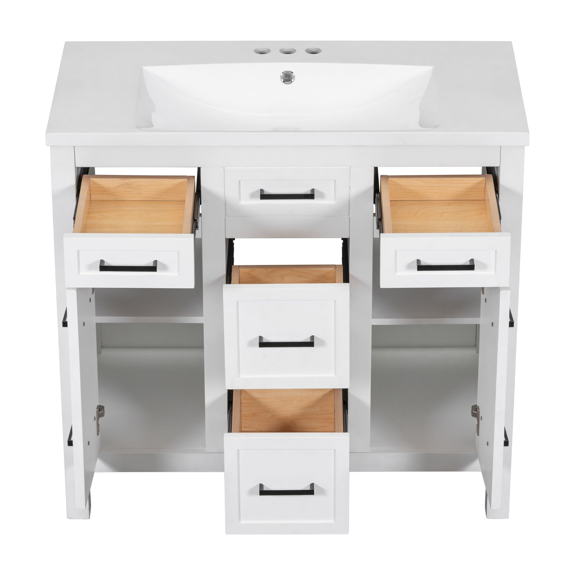 36" Bathroom Vanity Cabinet With Resin Integrated Sink 4 Drawers, 2 Doors White Solid Wood Mdf Resin