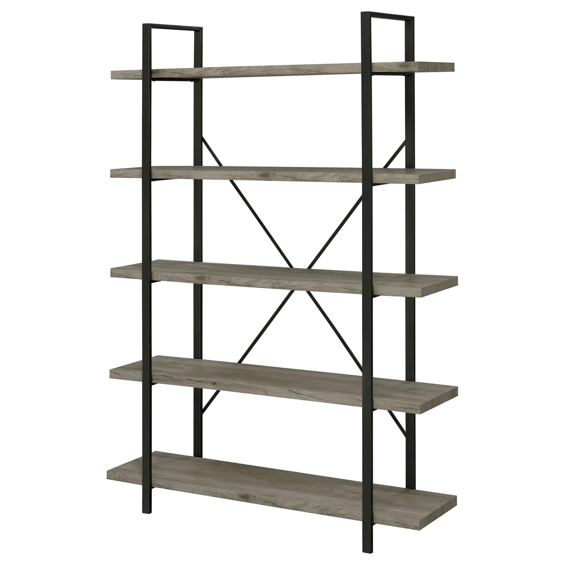 Grey Driftwood And Gunmetal 5 Tier Bookcase 5 Grey Gray Standard Vertical Office Open Back Wood Farmhouse,Rustic Wood