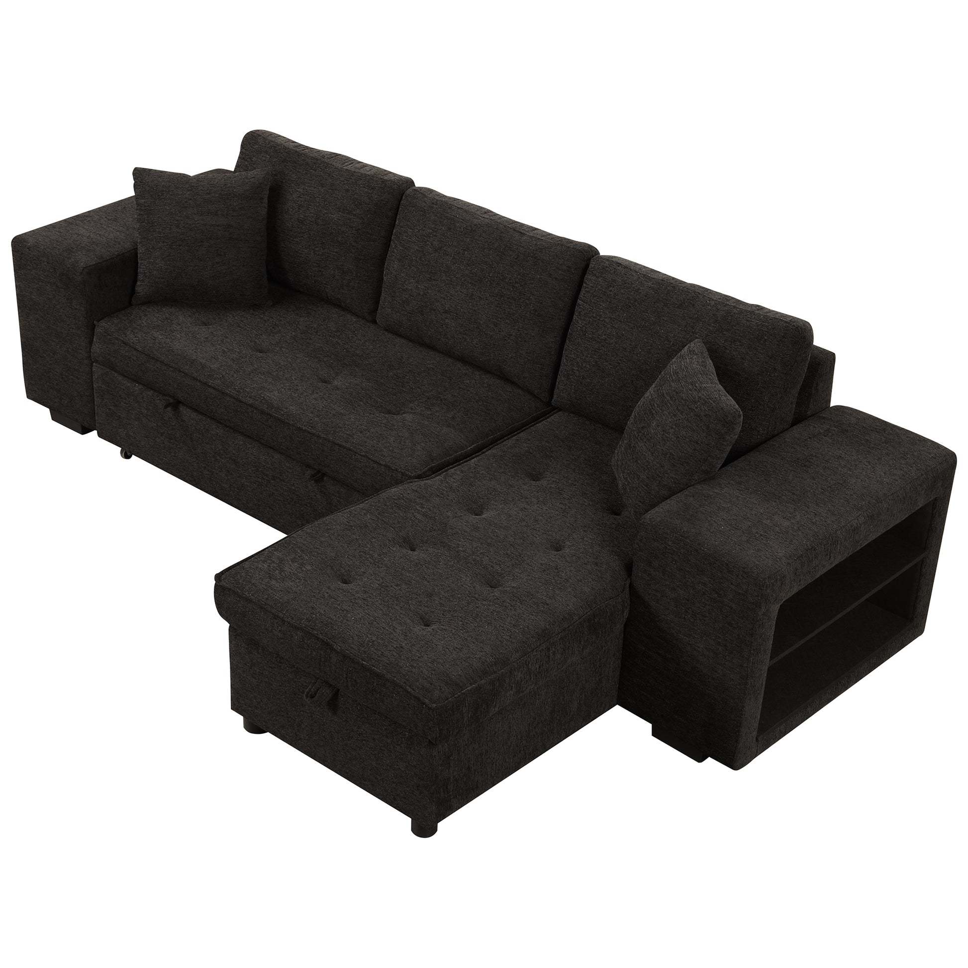 104.5" Modern L Shape 3 Seat Reversible Sectional Couch, Pull Out Sleeper Sofa With Storage Chaise And 2 Stools For Living Room Furniture Set, Charcoal Grey Charcoal Grey Foam Chenille 3 Seat