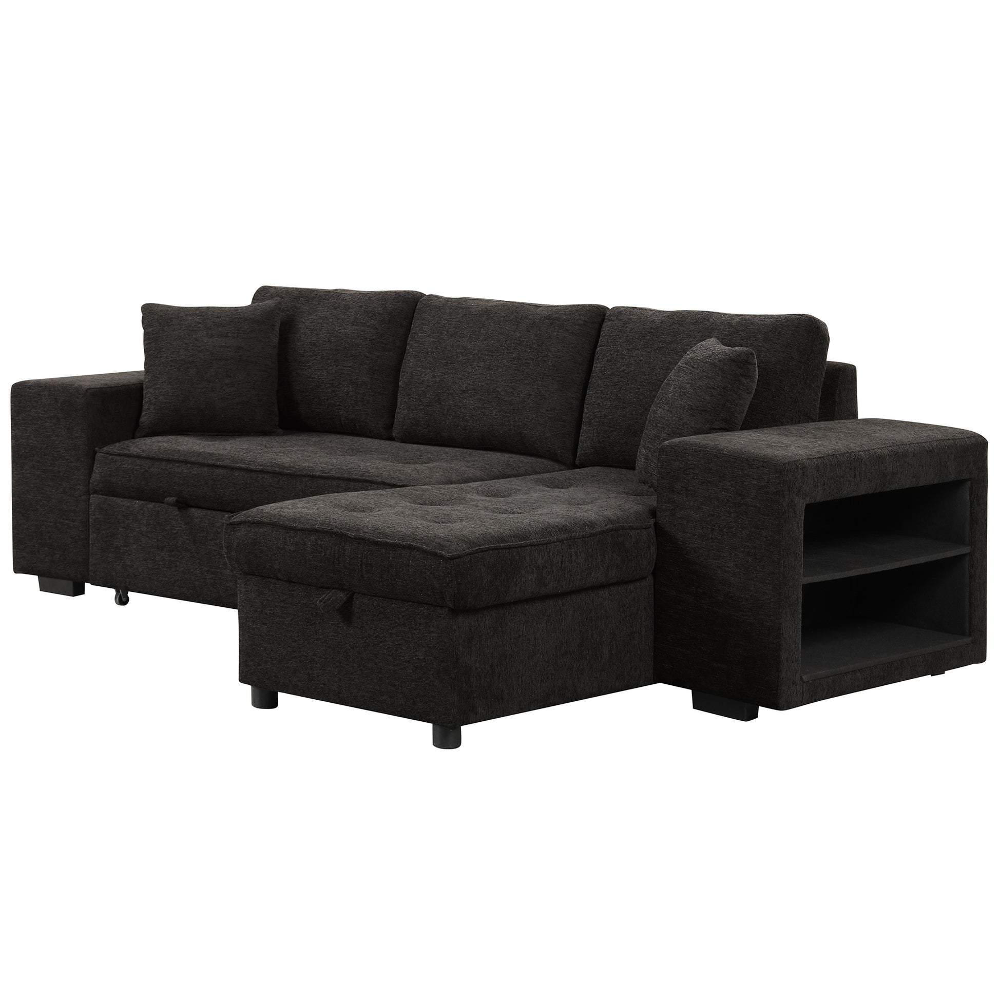 104.5" Modern L Shape 3 Seat Reversible Sectional Couch, Pull Out Sleeper Sofa With Storage Chaise And 2 Stools For Living Room Furniture Set, Charcoal Grey Charcoal Grey Foam Chenille 3 Seat