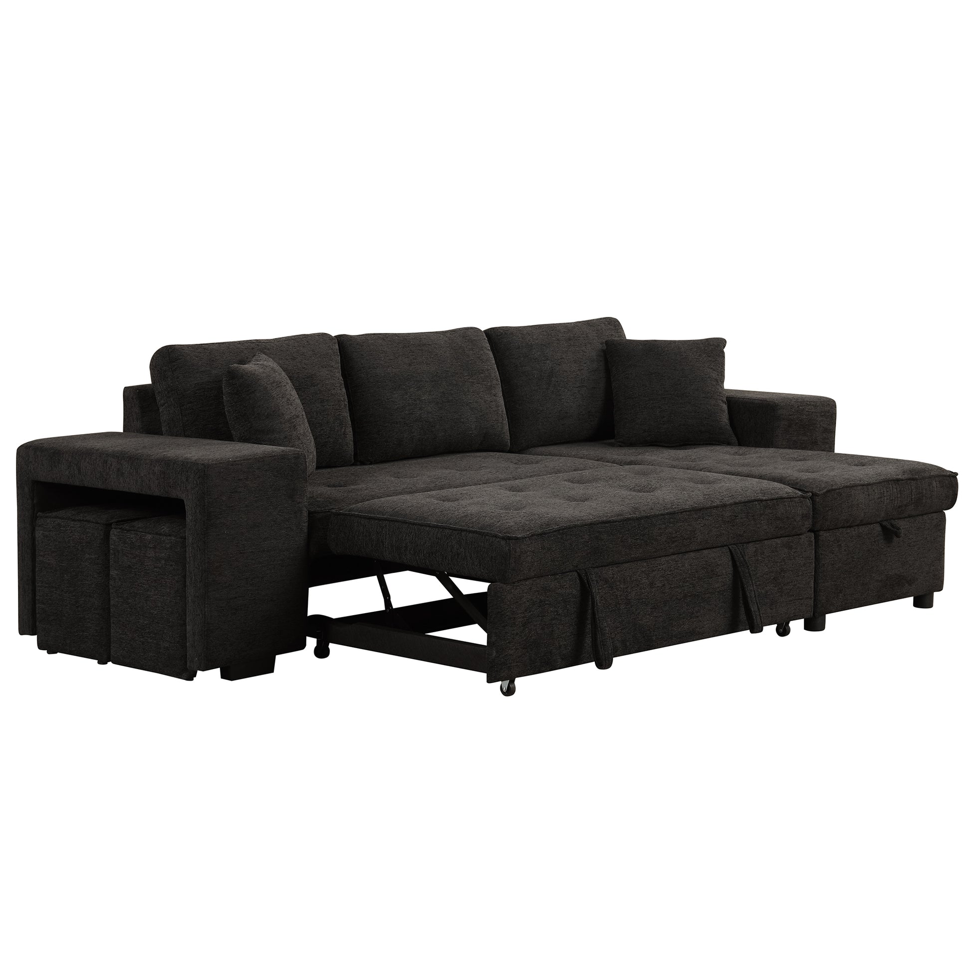 104.5" Modern L Shape 3 Seat Reversible Sectional Couch, Pull Out Sleeper Sofa With Storage Chaise And 2 Stools For Living Room Furniture Set, Charcoal Grey Charcoal Grey Foam Chenille 3 Seat