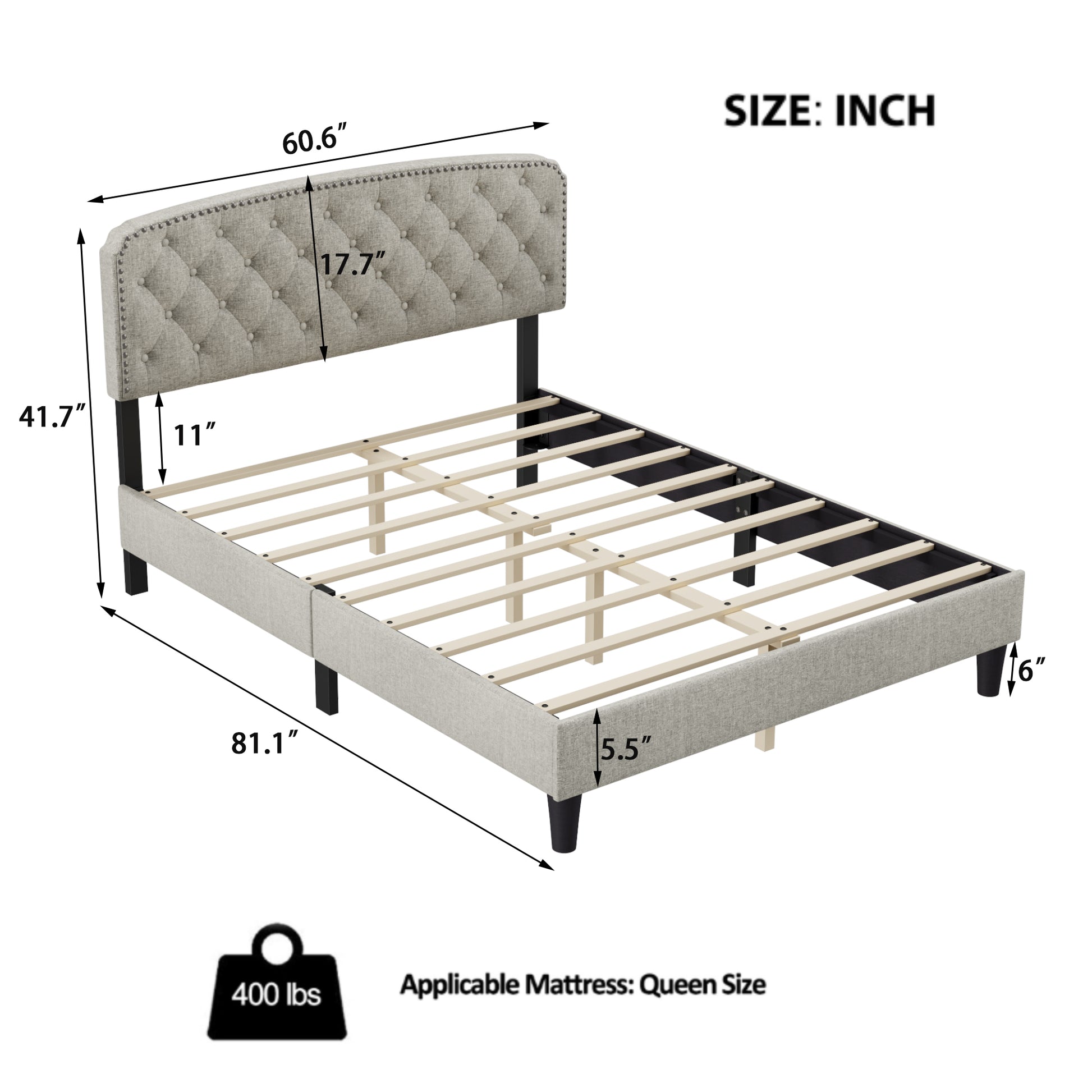 Queen Size Adjustable Headboard With Fine Linen Upholstery And Button Tufting For Bedroom, Wave Top Cream White Cream White Wood
