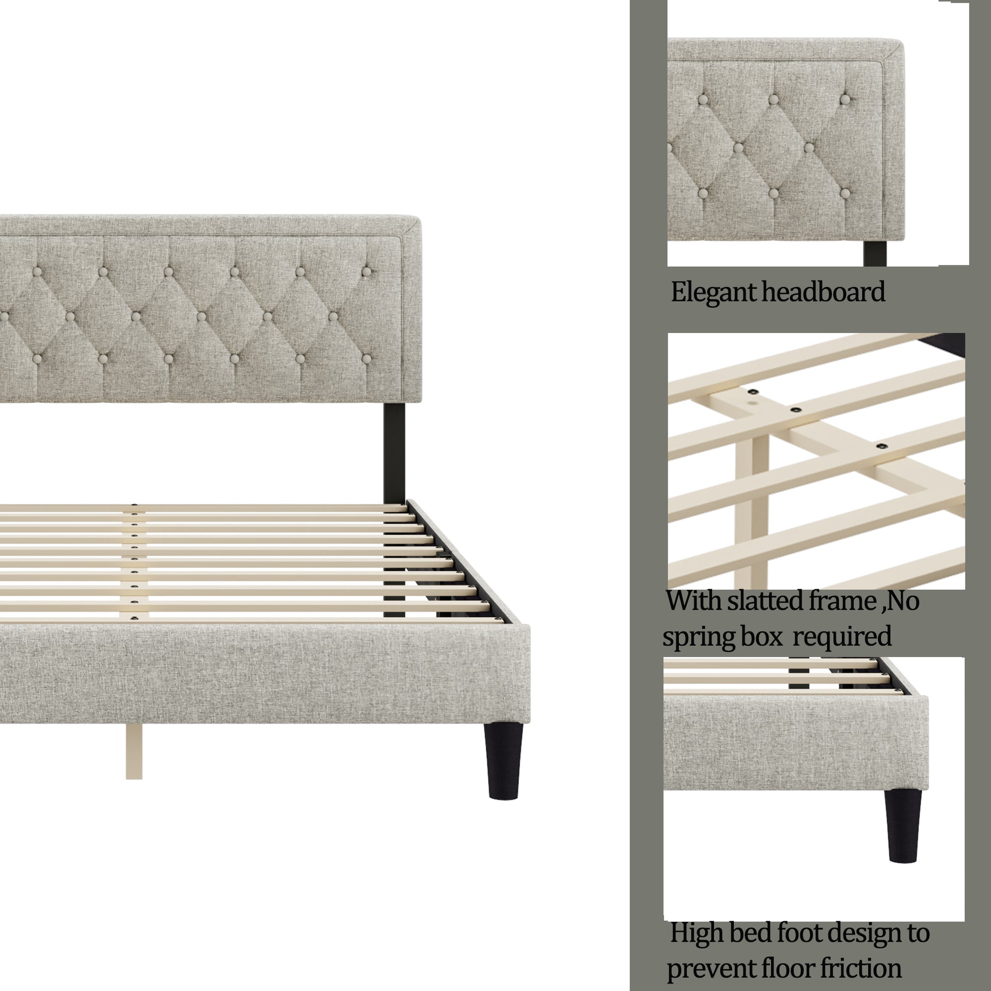 Queen Size Panel Bed Frame With Adjustable Button Tufted Headboard For Bedroom Linen Upholstered Wood Slat Support Easy Assembly,Linen Beige Beige Wood