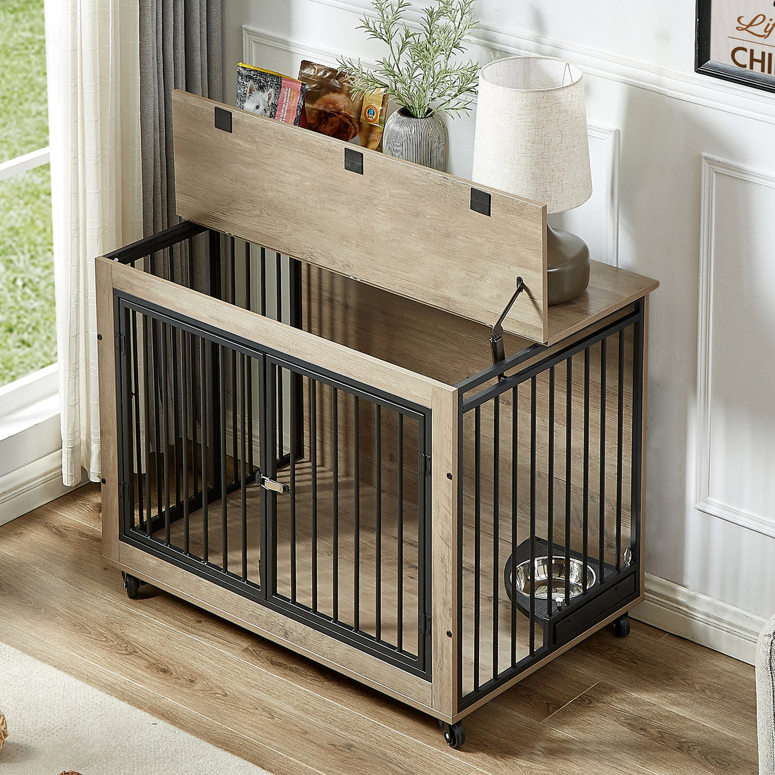 Furniture Style Dog Crate Side Table With Rotatable Feeding Bowl, Wheels, Three Doors, Flip Up Top Opening. Indoor, Grey, 38.58"W X 25.2"D X 27.17"H Grey Particle Board