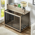 Furniture Style Dog Crate Side Table With Feeding Bowl, Wheels, Three Doors, Flip Up Top Opening. Indoor, Grey, 43.7