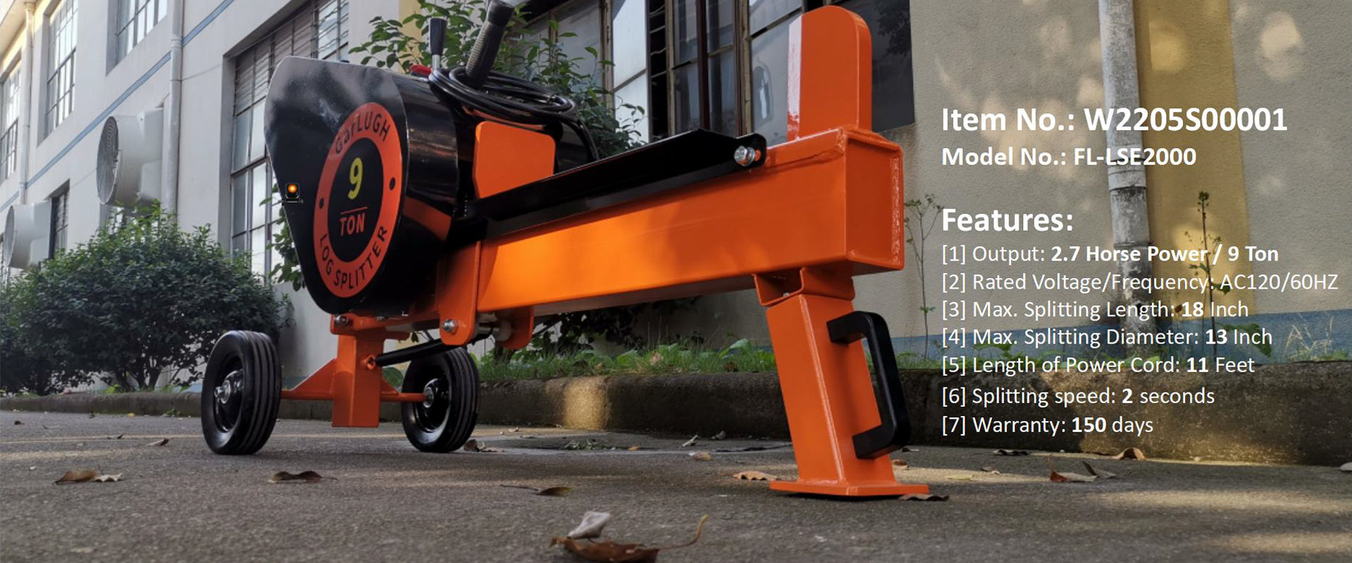 Garlugh Log Splitter 9 Ton Household Electric Powered 2.7Hp Horizontal Movable Fast Automatic Return Firewood Splitting Machine For Toughest Wood. Orange Multi Abs Rubber Steel Q235