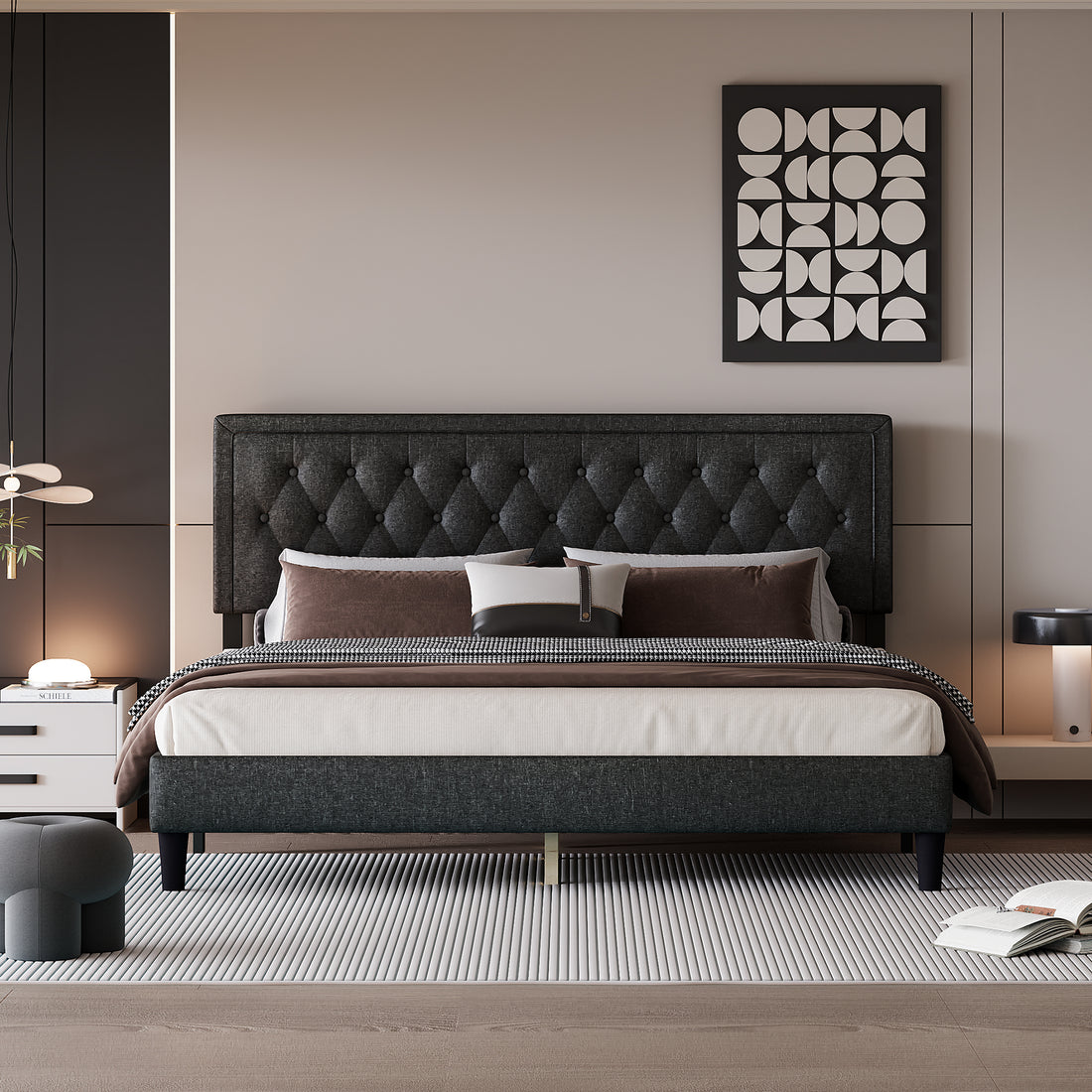 King Size Panel Bed Frame With Adjustable Button Tufted Headboard For Bedroom Linen Upholstered Wood Slat Support Easy Assembly,Dark Grey Dark Grey Wood