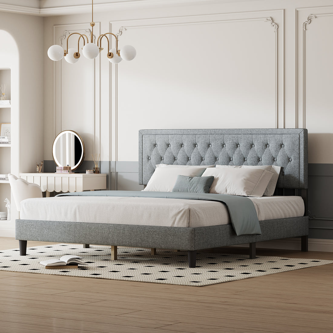 King Size Panel Bed Frame With Adjustable Button Tufted Headboard For Bedroom Linen Upholstered Wood Slat Support Easy Assembly,Light Grey Light Gray Wood