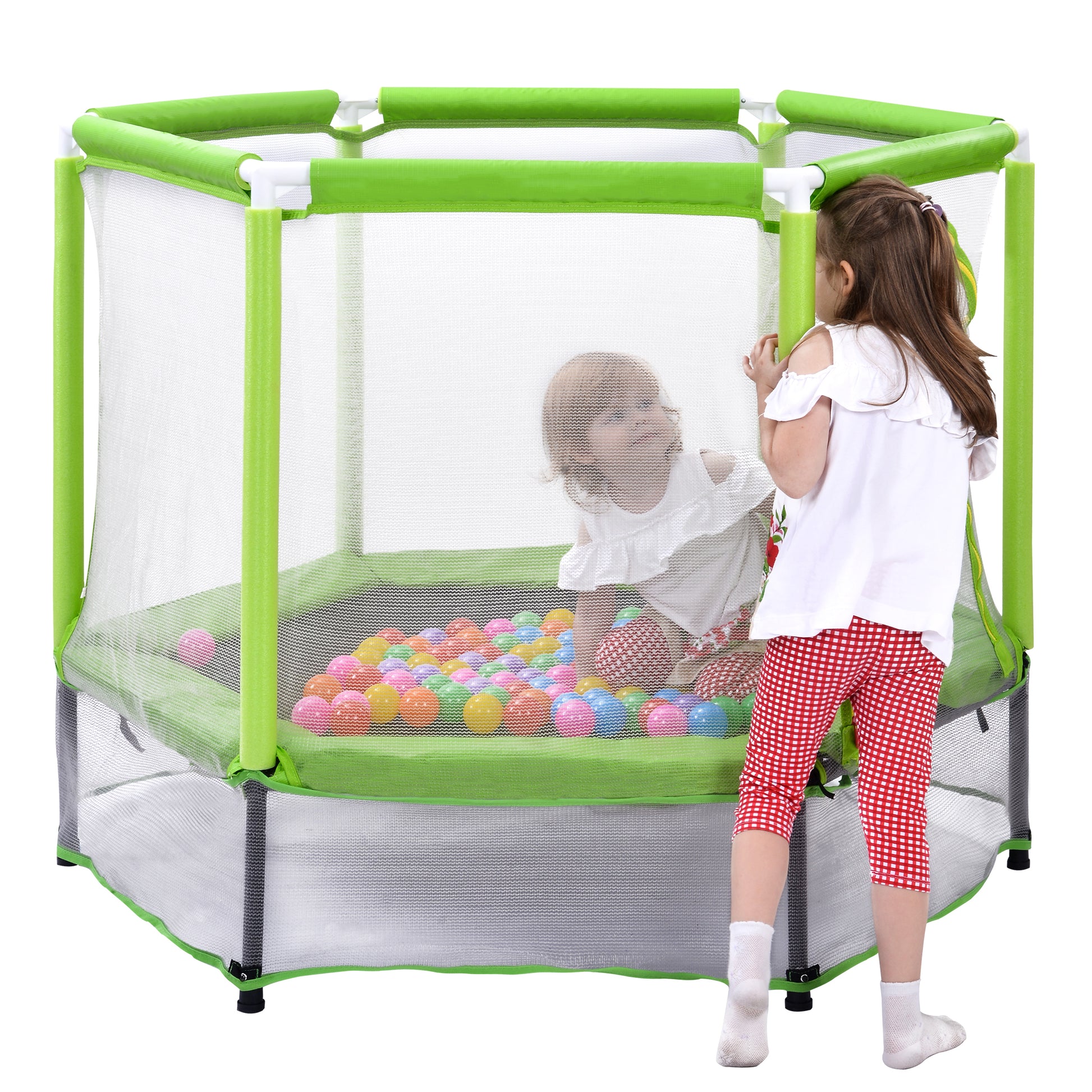 55'' Toddlers Trampoline With Safety Enclosure Net And Balls, Indoor Outdoor Mini Trampoline For Kids Green Metal