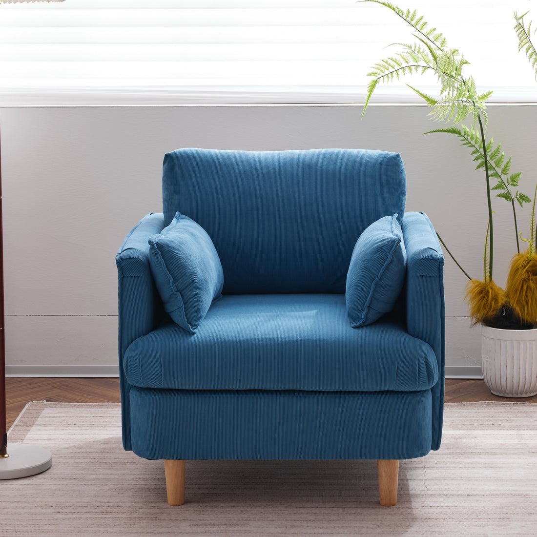 29.5 "W Modern Fabric Decorative Chair Armchair Upholstered Reading Chair Single Sofa Casual Club Chair With Solid Wooden Feet And 2 Pillow, For Living Room, Bedroom, Bed Room, Office, Corduroy Fabric Blue Foam Corduroy