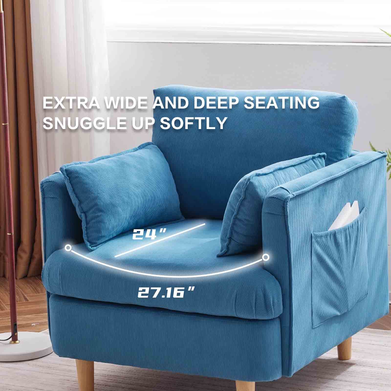 29.5 "W Modern Fabric Decorative Chair Armchair Upholstered Reading Chair Single Sofa Casual Club Chair With Solid Wooden Feet And 2 Pillow, For Living Room, Bedroom, Bed Room, Office, Corduroy Fabric Blue Foam Corduroy