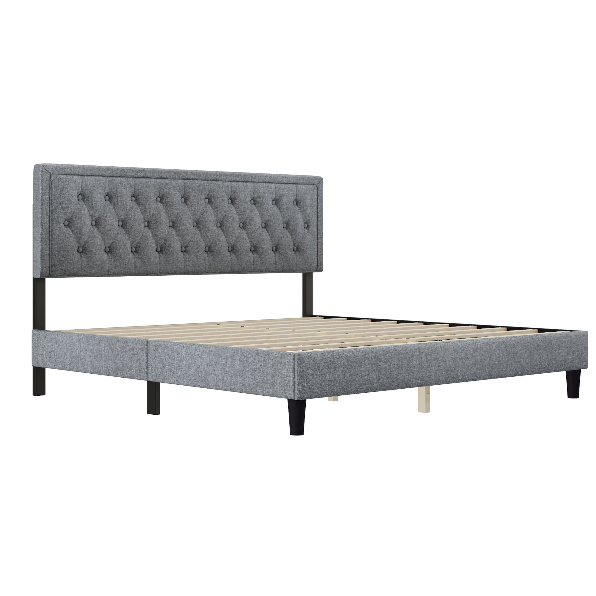 King Size Panel Bed Frame With Adjustable Button Tufted Headboard For Bedroom Linen Upholstered Wood Slat Support Easy Assembly,Light Grey Light Gray Wood