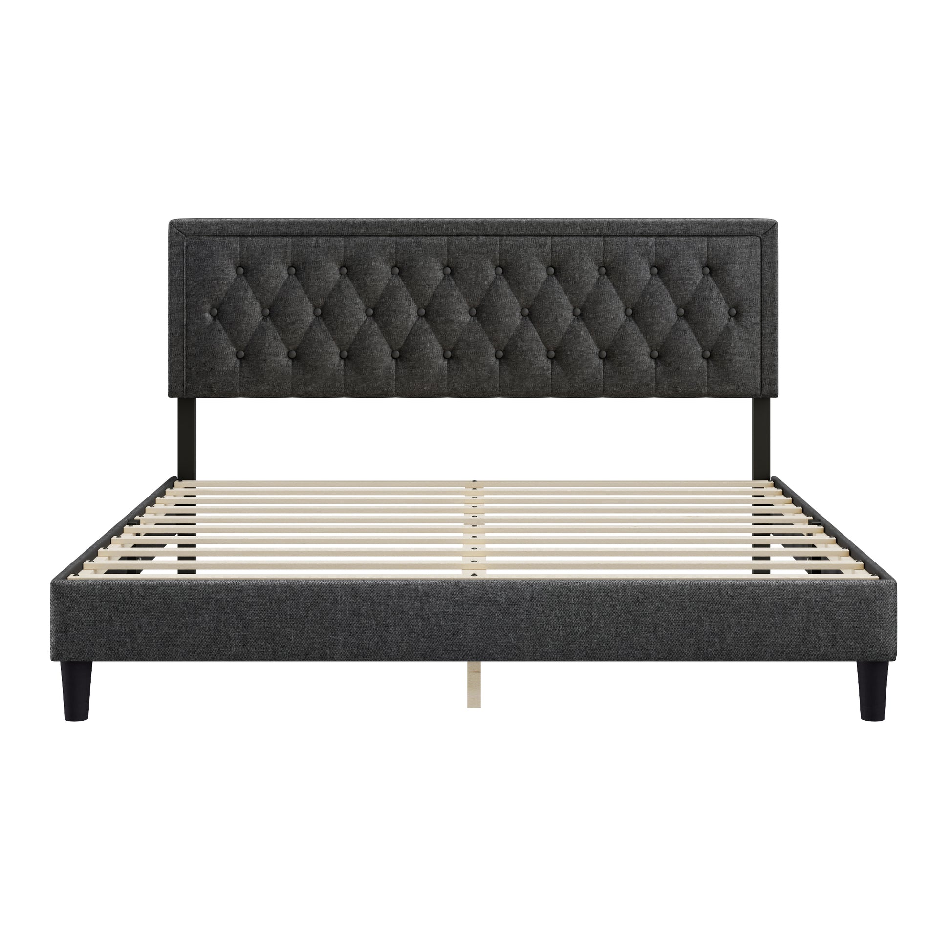King Size Panel Bed Frame With Adjustable Button Tufted Headboard For Bedroom Linen Upholstered Wood Slat Support Easy Assembly,Dark Grey Dark Grey Wood