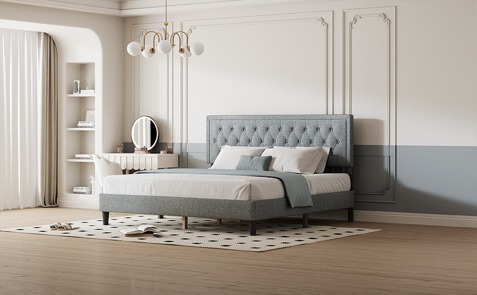 King Size Panel Bed Frame With Adjustable Button Tufted Headboard For Bedroom Linen Upholstered Wood Slat Support Easy Assembly,Light Grey Light Gray Wood