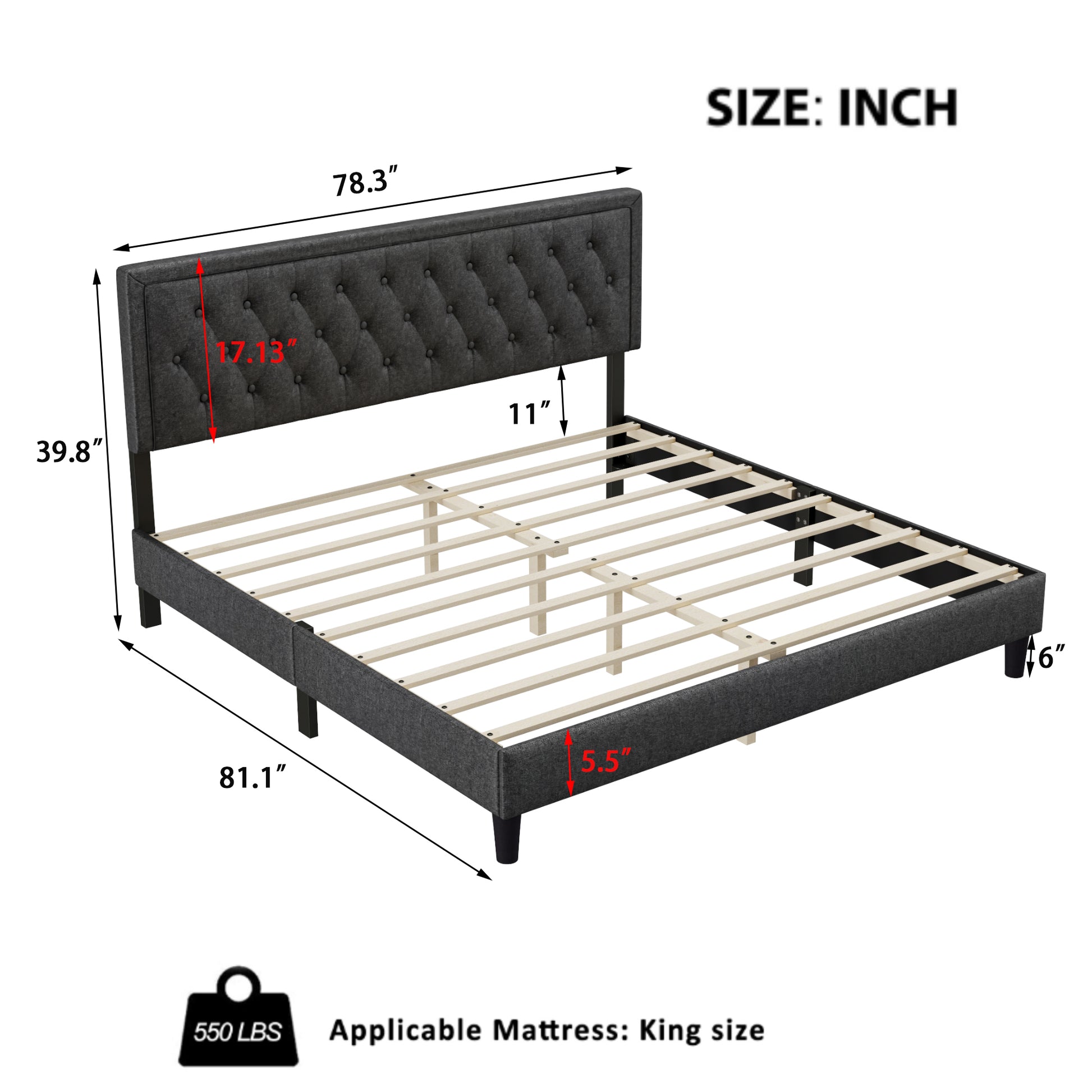 King Size Panel Bed Frame With Adjustable Button Tufted Headboard For Bedroom Linen Upholstered Wood Slat Support Easy Assembly,Dark Grey Dark Grey Wood