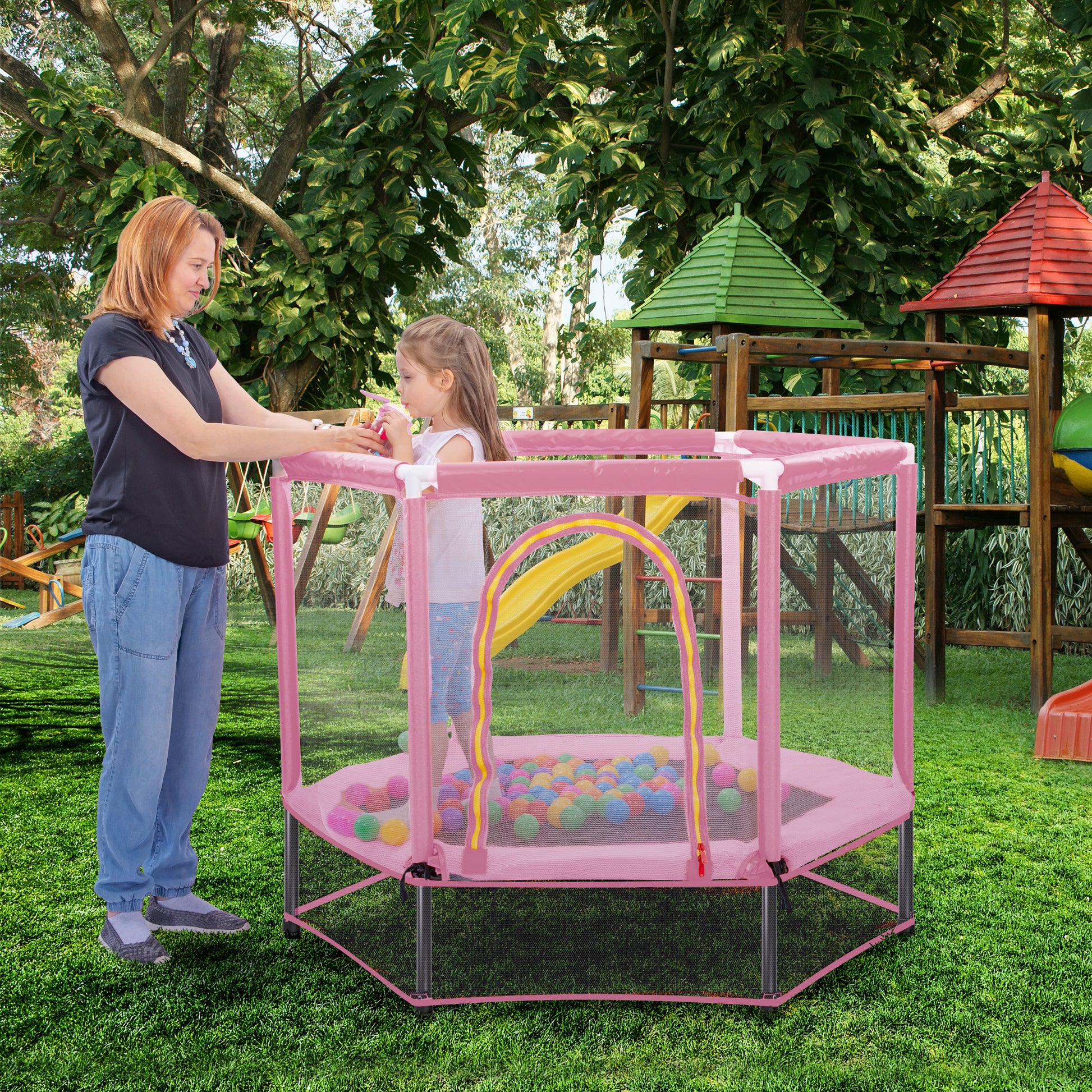 55'' Toddlers Trampoline With Safety Enclosure Net And Balls, Indoor O