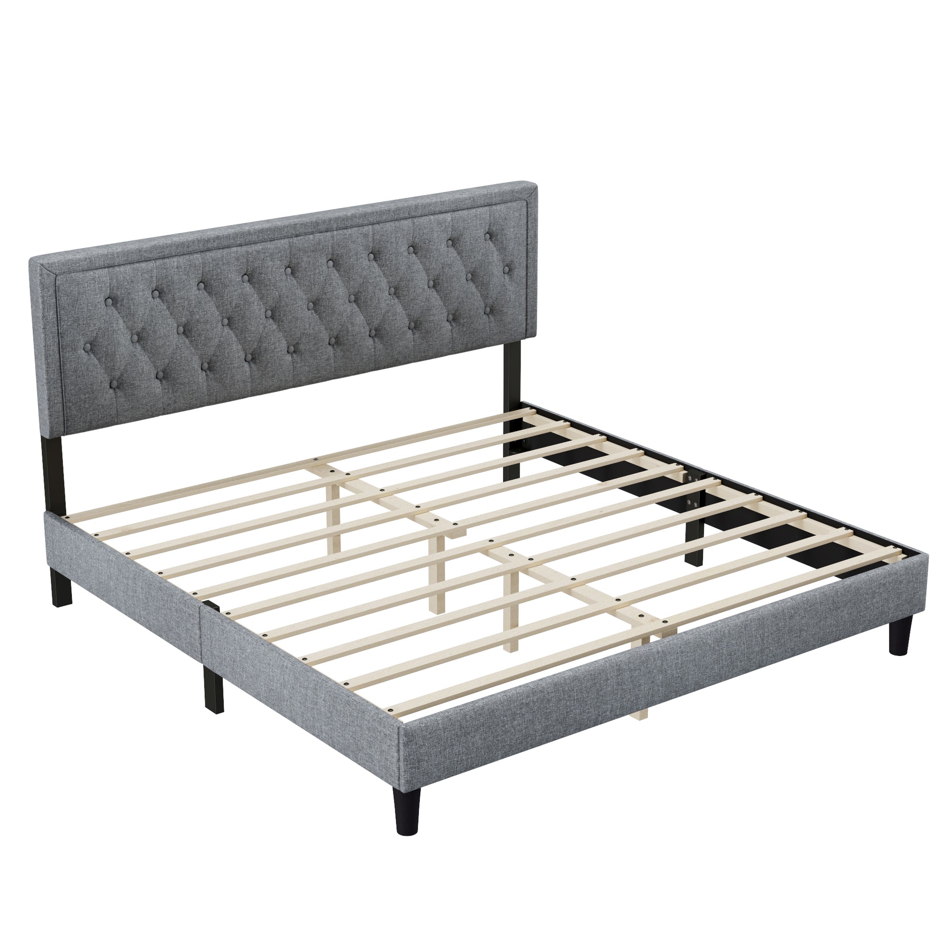 King Size Panel Bed Frame With Adjustable Button Tufted Headboard For Bedroom Linen Upholstered Wood Slat Support Easy Assembly,Light Grey Light Gray Wood