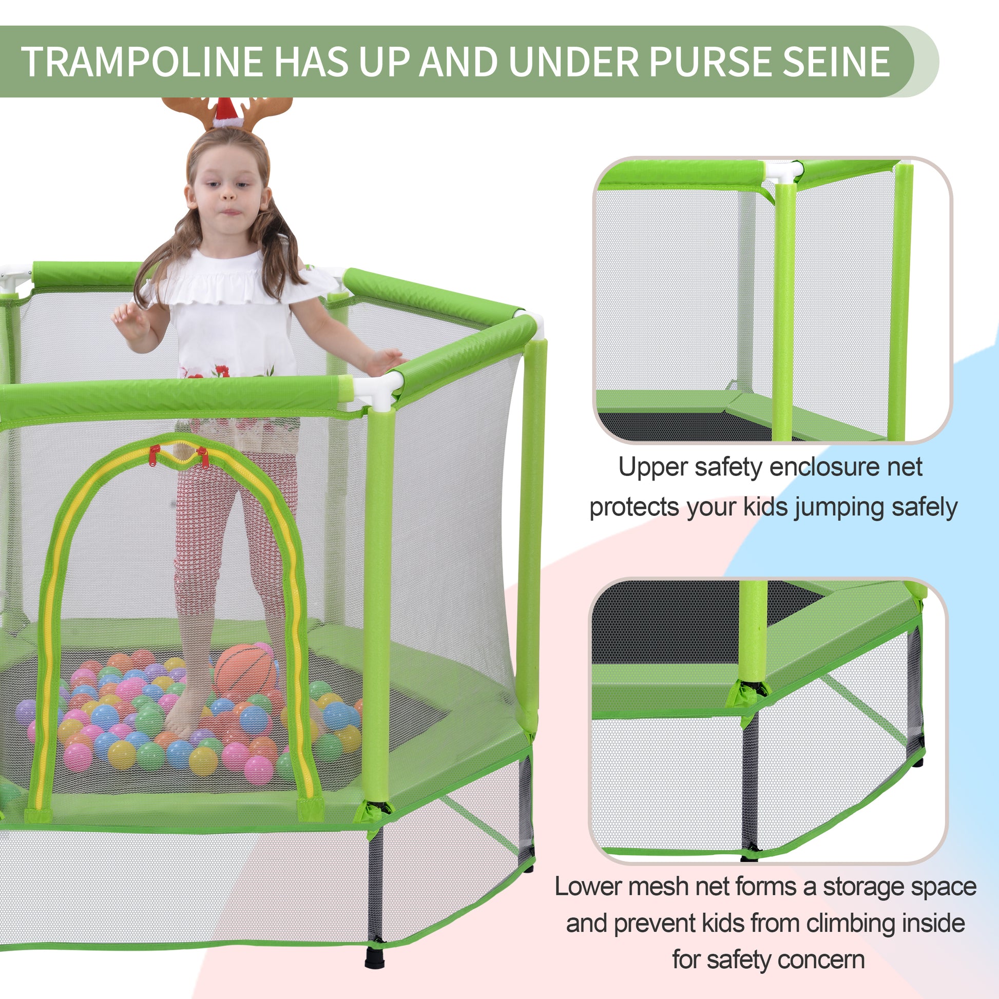 55'' Toddlers Trampoline With Safety Enclosure Net And Balls, Indoor Outdoor Mini Trampoline For Kids Green Metal