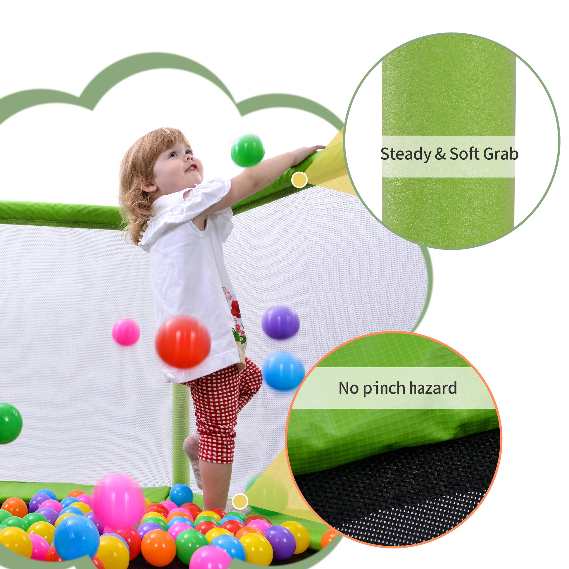 55'' Toddlers Trampoline With Safety Enclosure Net And Balls, Indoor Outdoor Mini Trampoline For Kids Green Metal