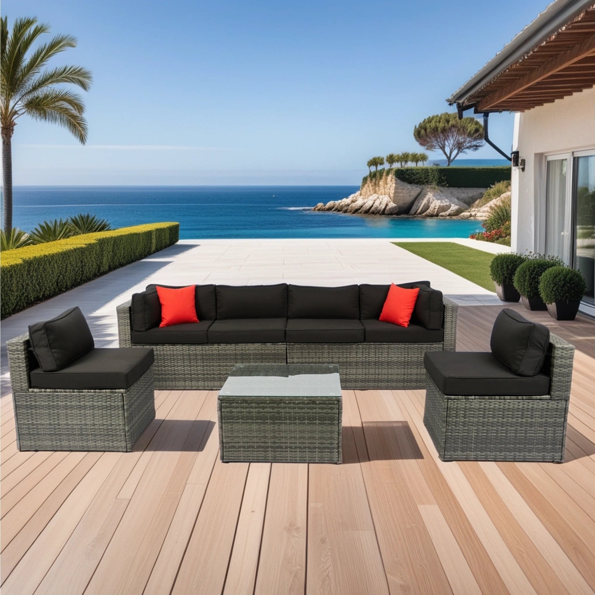 5 Pieces Pe Rattan Sectional Outdoor Furniture Cushioned U Sofa Set With 2 Pillow Grey Wicker Black Cushion Yes Sectional Black Grey Weather Resistant Frame Mildew Resistant Cushion Garden & Outdoor Modern Complete Patio Sets Fiber Foam And Polyester