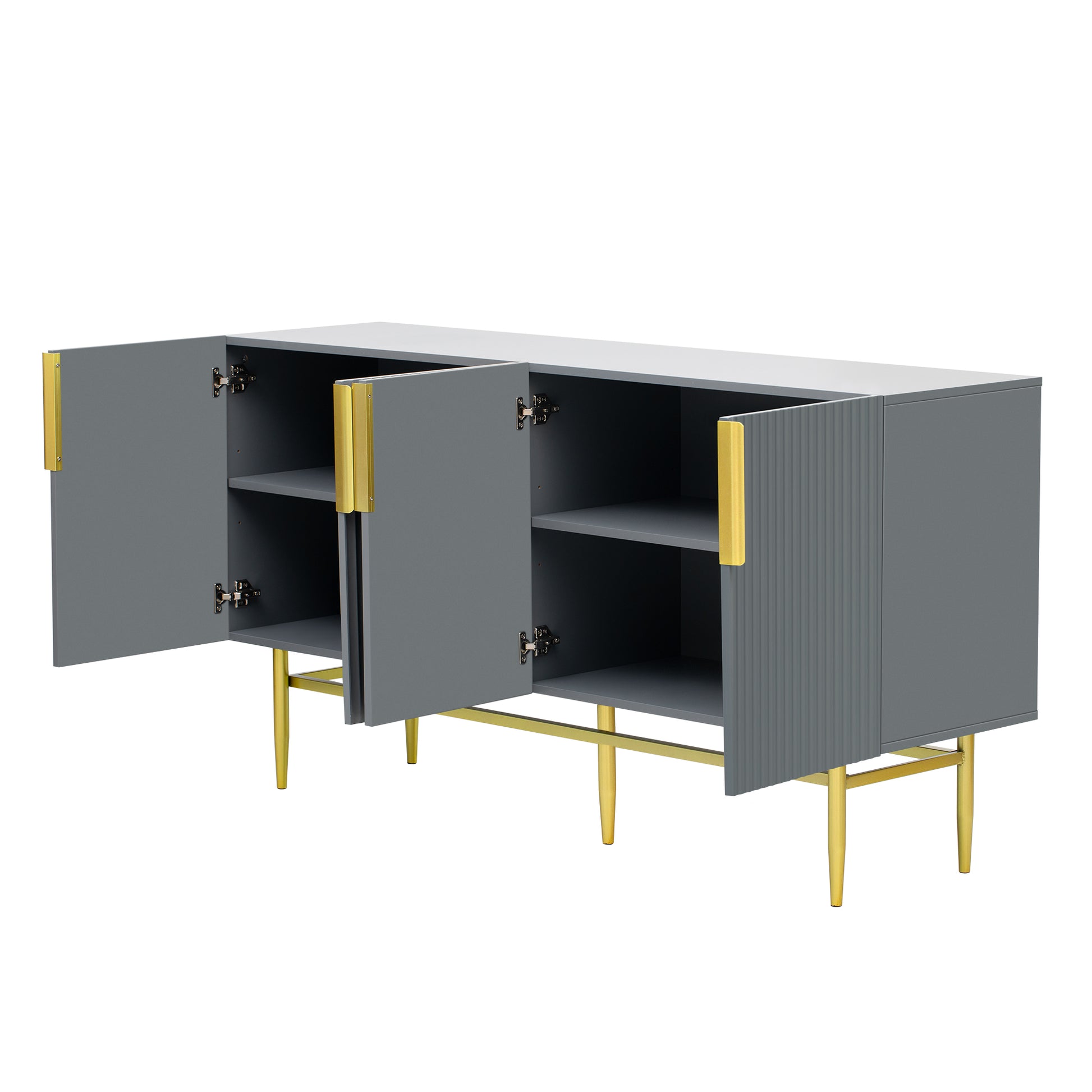 Modern Elegant 4 Door Sideboard Gold Metal Handle Buffet Cabinet For Dining Room, Living Room, Bedroom, Hallway Gray Gray Particle Board