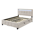 Queen Size Upholstered Platform Bed With Led Frame, With Twin Xl Size Trundle And 2 Drawers, Linen Fabric, Beige Beige Linen