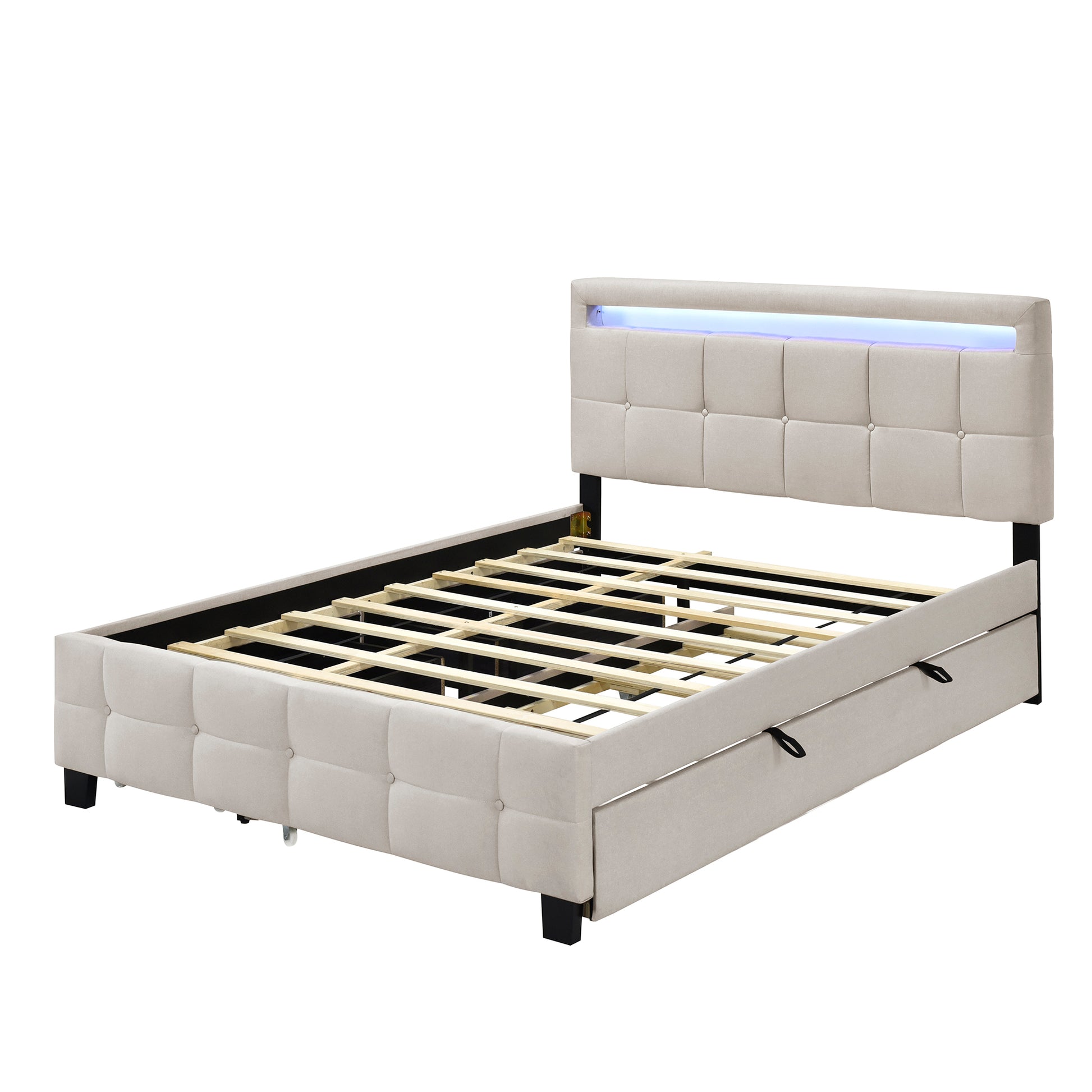 Queen Size Upholstered Platform Bed With Led Frame, With Twin Xl Size Trundle And 2 Drawers, Linen Fabric, Beige Beige Linen