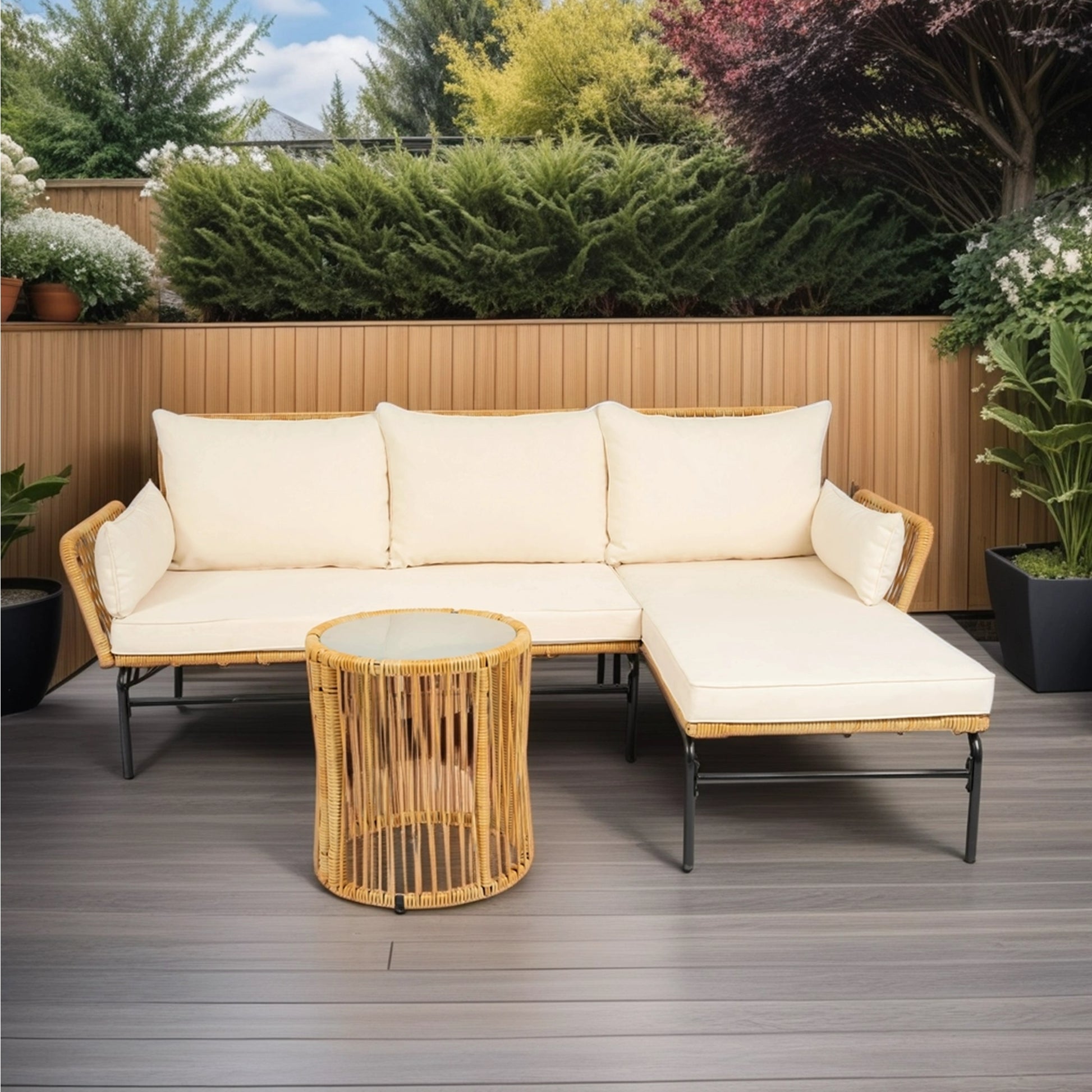 3 Pieces Outdoor Patio Wicker Furniture Sets Table And Chairs With 3.15 Inches Thick Cushion Outdoor Sofa Set Natural Yellow Wicker Creme Cushion Yes Complete Patio Set Light Yellow Rust Resistant Frame Mildew Resistant Cushion Garden & Outdoor Modern