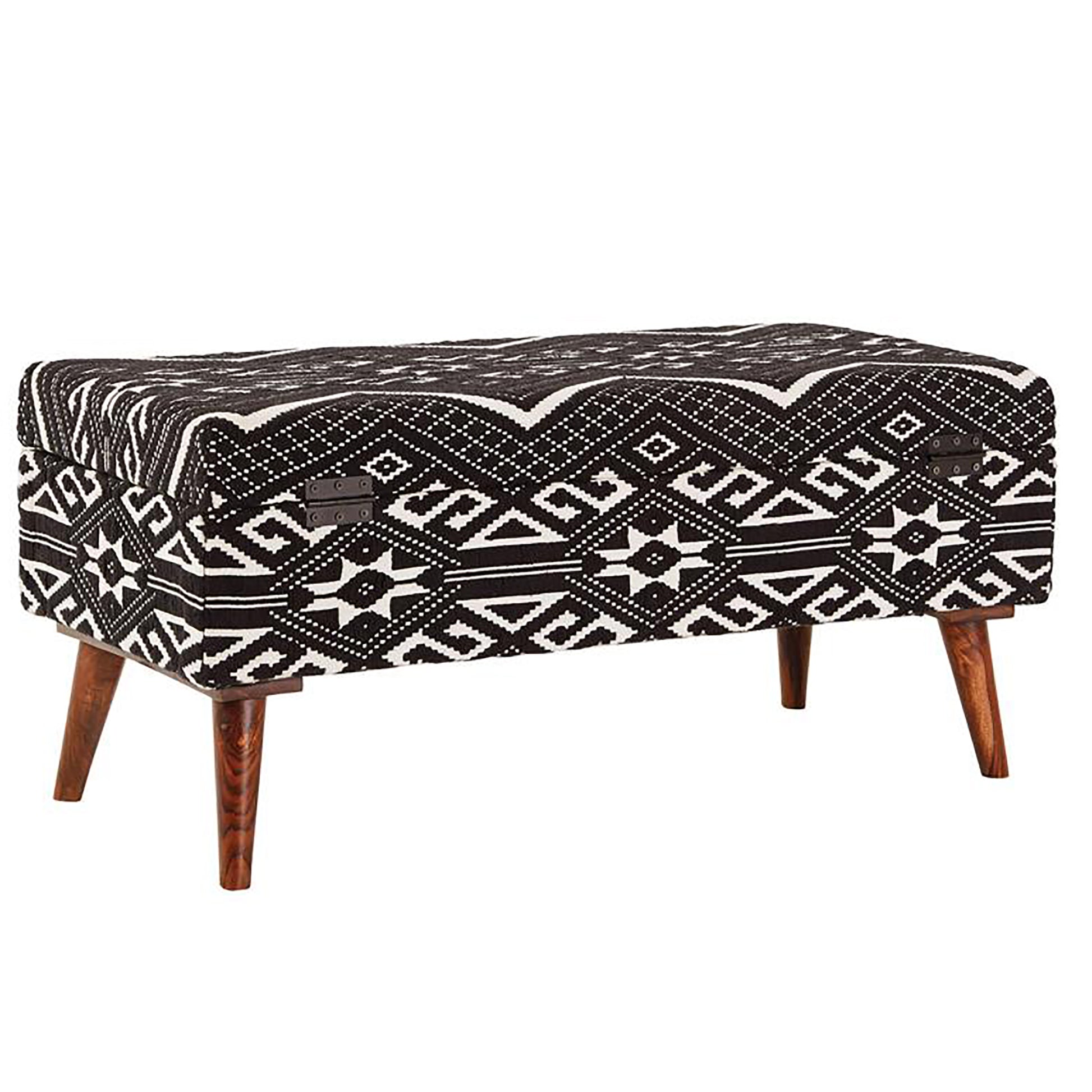 Black And White Upholstered Storage Bench Cushioned Black Brown Primary Living Space Cotton Or Cotton Blend Ikat Black Mid Century Modern Mango Wood Internal Storage Foam Fabric