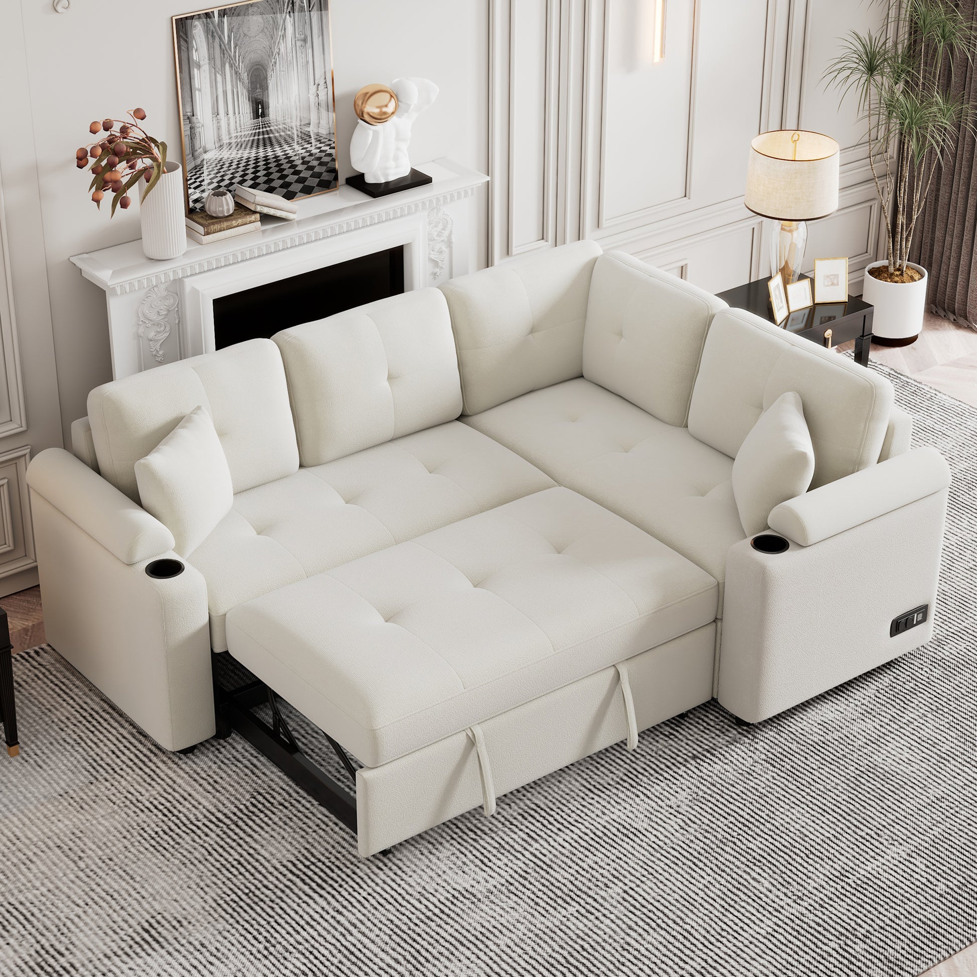 83" L Shape Sofa Bed Pull Out Sleeper Sofa With Wheels, Usb Ports, Power Sockets For Living Room, Beige Beige Foam Boucle 3 Seat