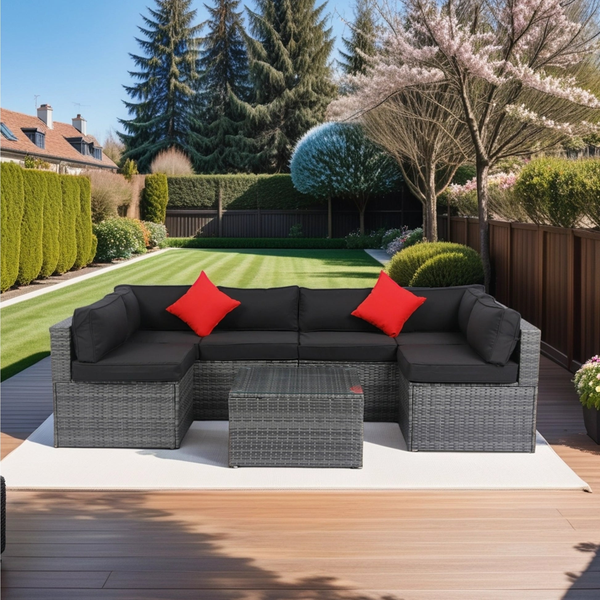 5 Pieces Pe Rattan Sectional Outdoor Furniture Cushioned U Sofa Set With 2 Pillow Grey Wicker Black Cushion Yes Sectional Black Grey Weather Resistant Frame Mildew Resistant Cushion Garden & Outdoor Modern Complete Patio Sets Fiber Foam And Polyester