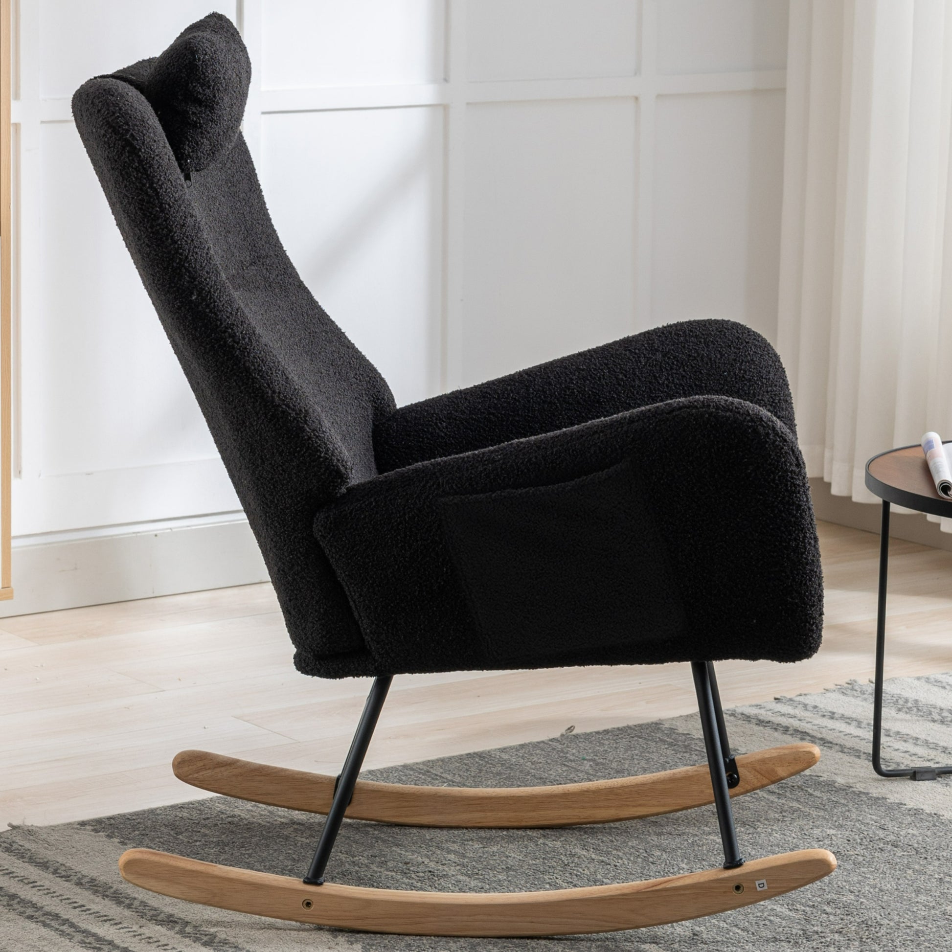 35.5 Inch Rocking Chair With Pocket, Soft Teddy Fabric Rocking Chair For Nursery, Comfy Wingback Glider Rocker With Safe Solid Wood Base For Living Room Bedroom Balcony Black Black Casual Foam Teddy