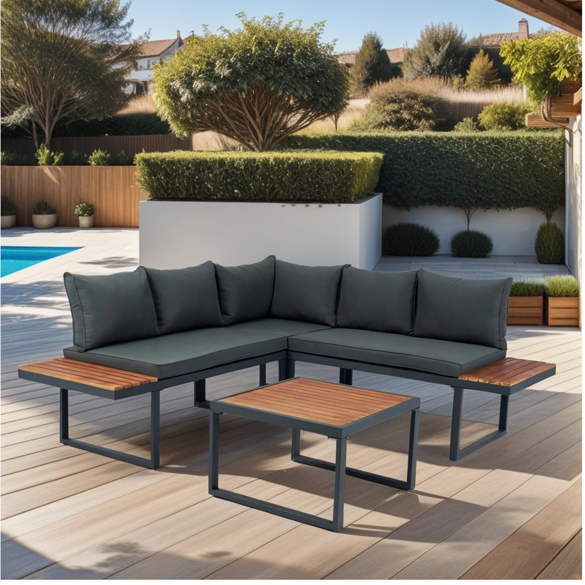 4 Piece L Shaped Patio Wicker Outdoor 5 Seater Sectional Sofa Seating Group Conversation Sets With Side Table & Dark Grey Cushions Yes Complete Patio Set Dark Grey Rust Resistant Frame Mildew Resistant Cushion Garden & Outdoor Modern Sectional Seating