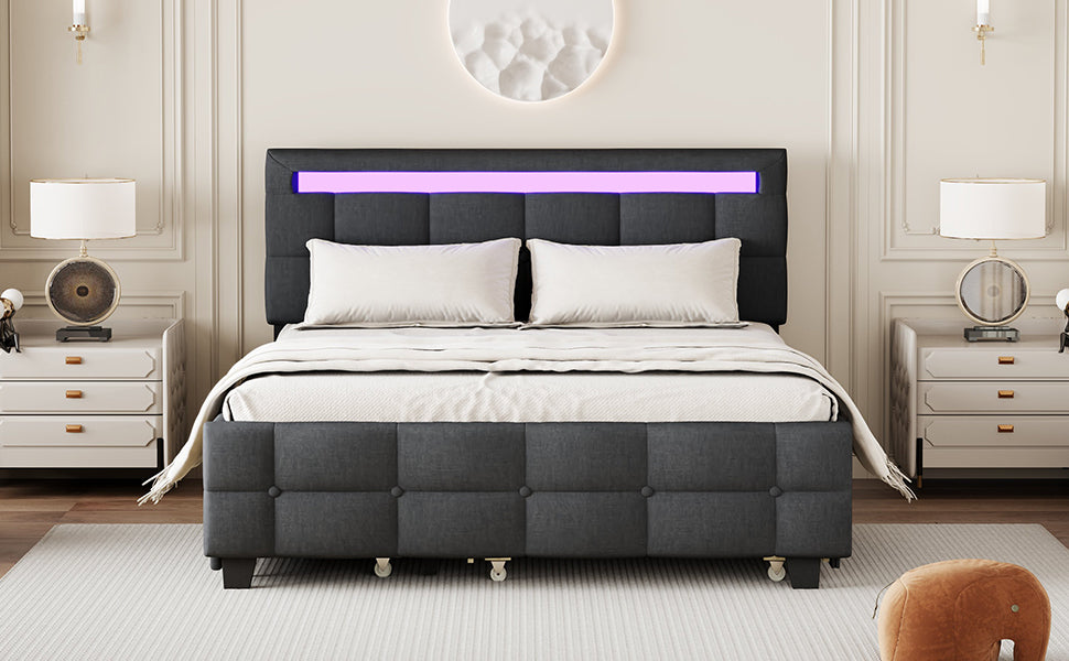 Queen Size Upholstered Platform Bed With Led Frame, With Twin Xl Size Trundle And 2 Drawers, Linen Fabric, Gray Gray Linen