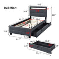 Twin Size Upholstered Platform Bed With Led Frame And 2 Drawers, Linen Fabric, Gray Gray Linen