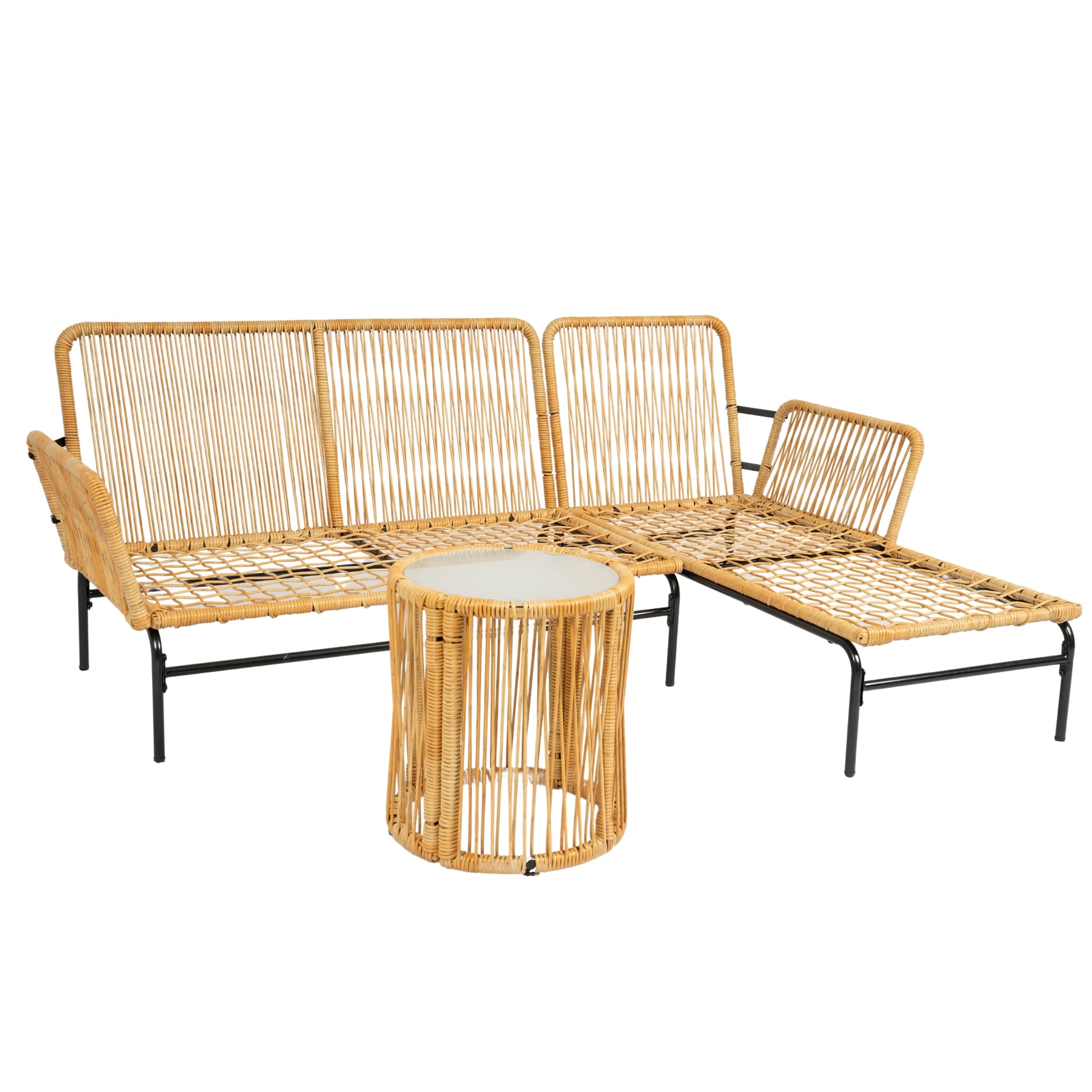 3 Pieces Outdoor Patio Wicker Furniture Sets Table And Chairs With 3.15 Inches Thick Cushion Outdoor Sofa Set Natural Yellow Wicker Creme Cushion Yes Complete Patio Set Light Yellow Rust Resistant Frame Mildew Resistant Cushion Garden & Outdoor Modern