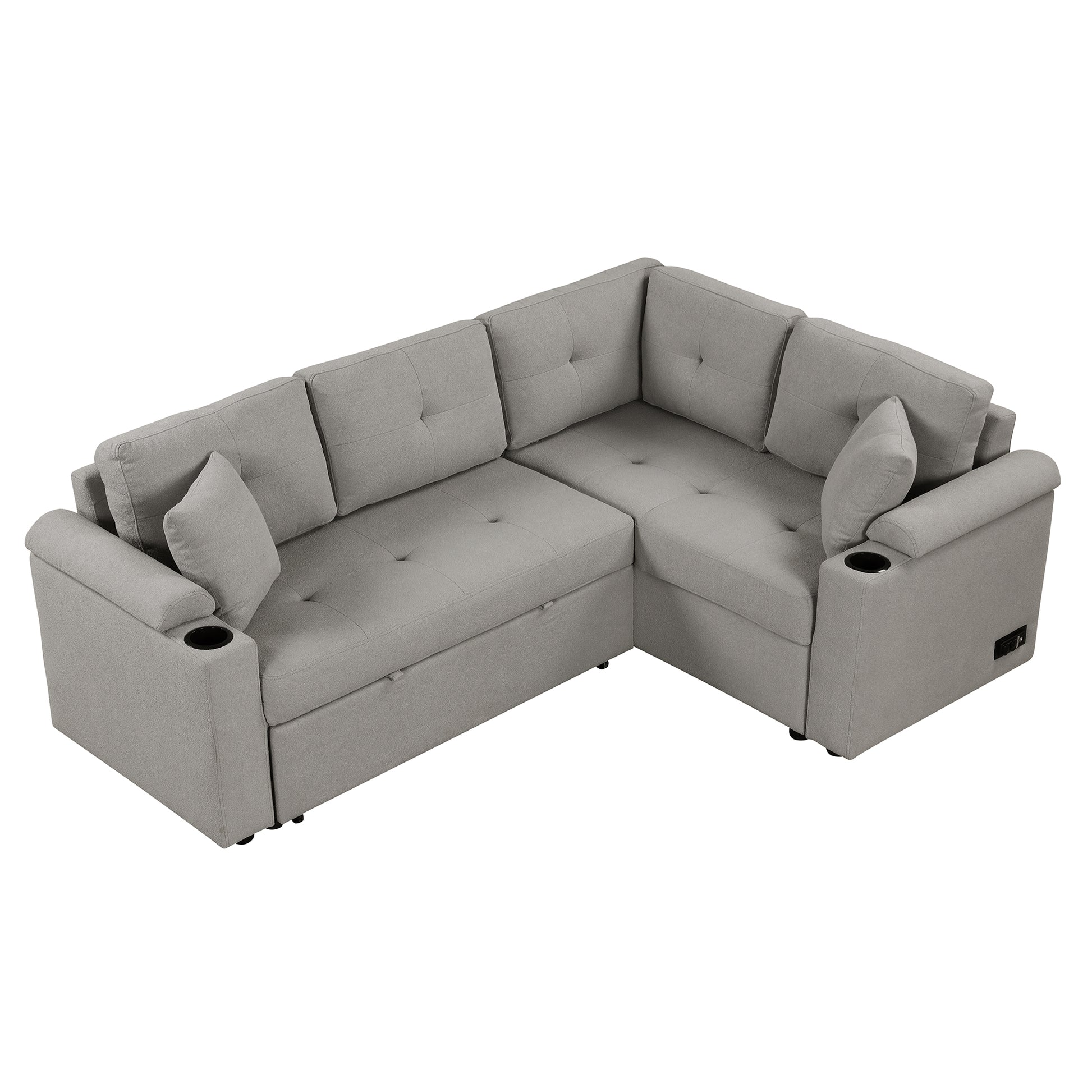 83" L Shape Sofa Bed Pull Out Sleeper Sofa With Wheels, Usb Ports, Power Sockets For Living Room, Grey Grey Foam Boucle 3 Seat