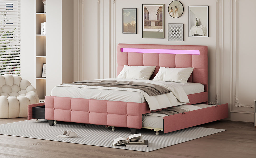 Queen Size Upholstered Platform Bed With Led Frame, With Twin Xl Size Trundle And 2 Drawers, Linen Fabric, Pink Pink Linen