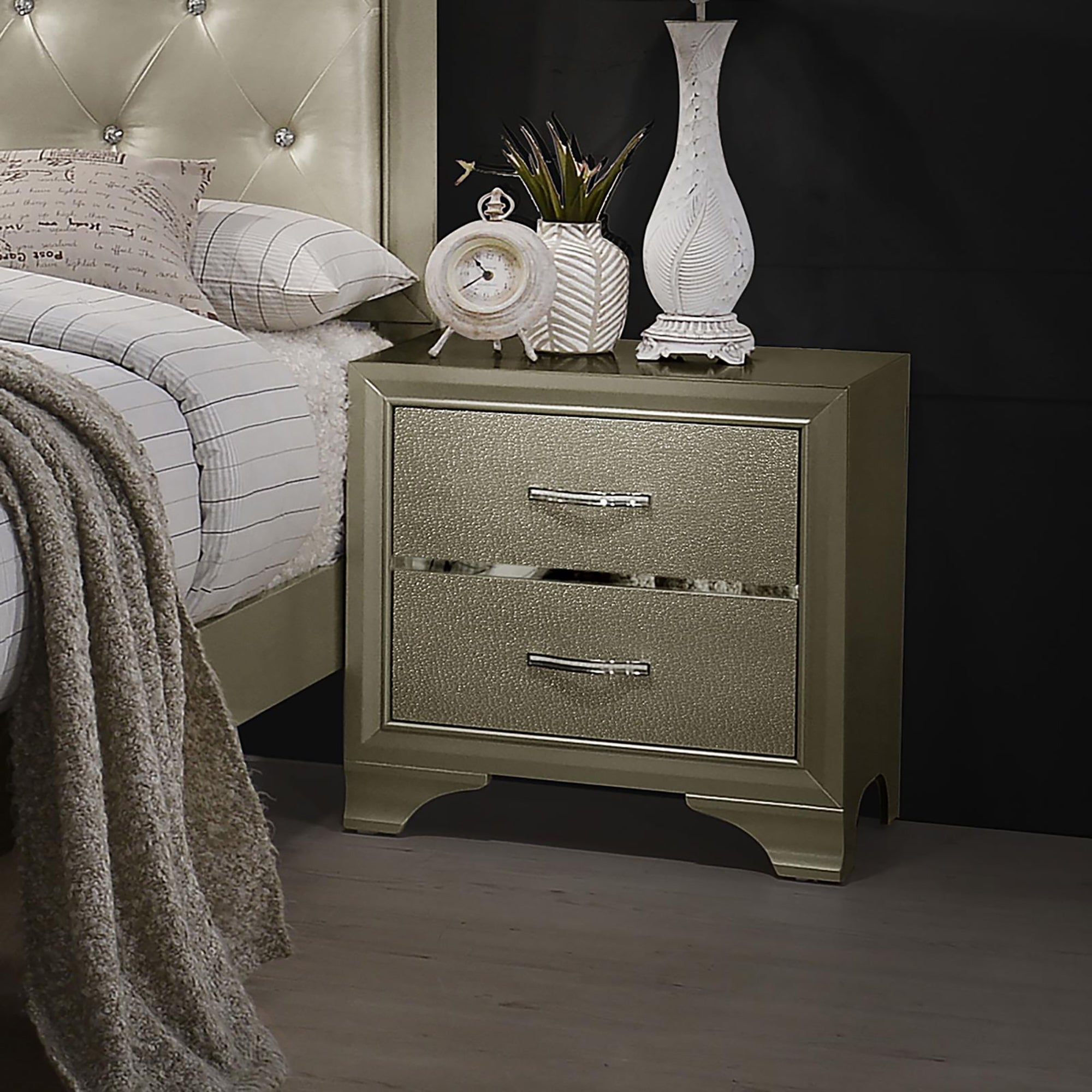 Champagne Nightstand With 2 Drawers Champagne 2 Drawers Bedroom Drawer Storage Glam Rubberwood Felt Lined Drawers Wood