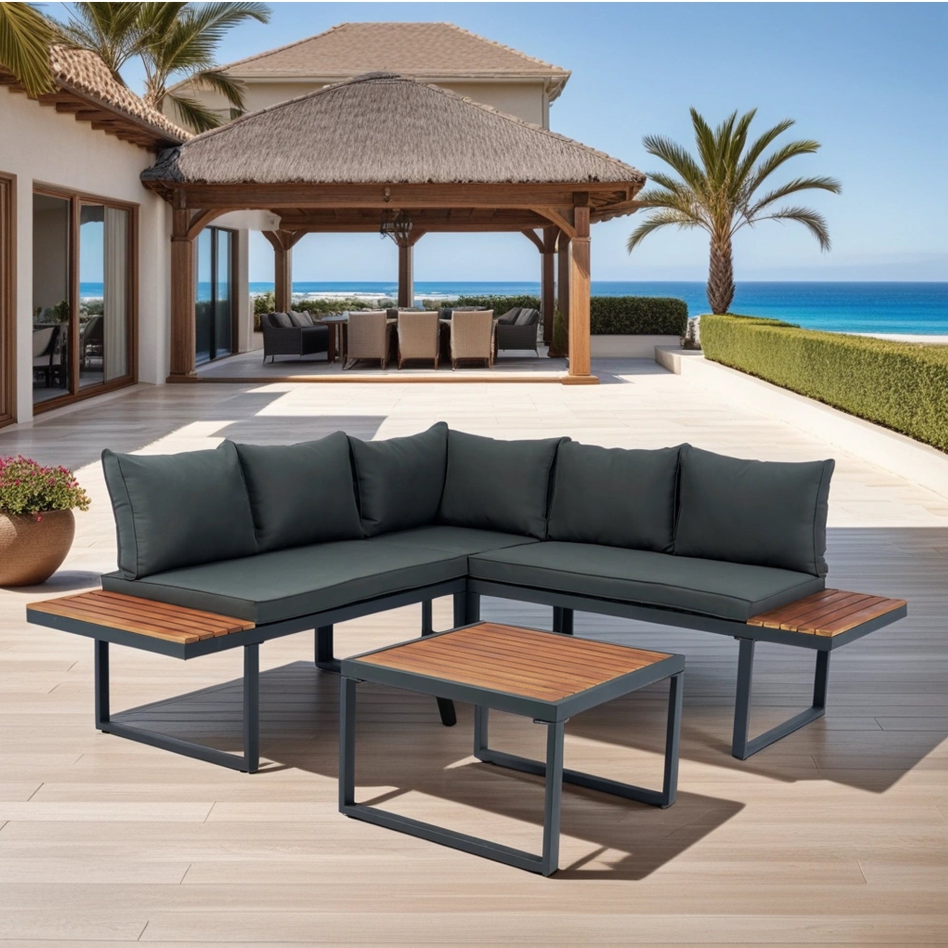 4 Piece L Shaped Patio Wicker Outdoor 5 Seater Sectional Sofa Seating Group Conversation Sets With Side Table & Dark Grey Cushions Yes Complete Patio Set Dark Grey Rust Resistant Frame Mildew Resistant Cushion Garden & Outdoor Modern Sectional Seating