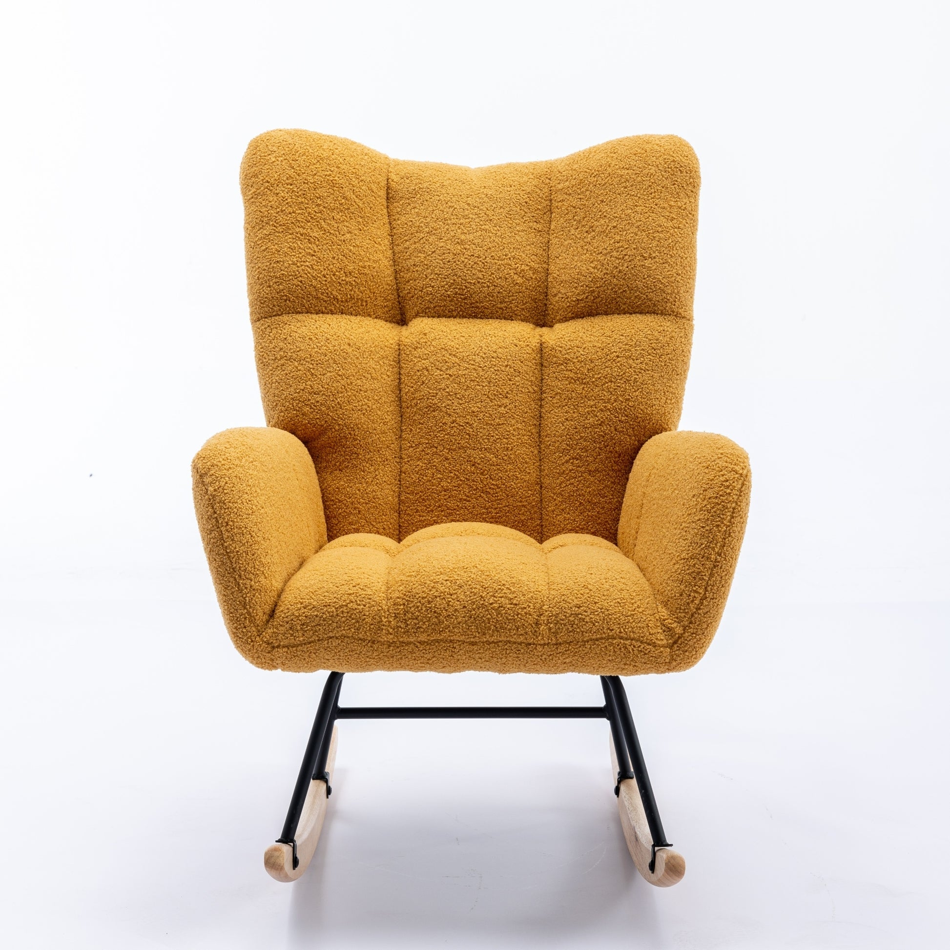 Rocking Chair With Pocket, Soft Teddy Fabric Rocking Chair For Nursery, Comfy Wingback Glider Rocker With Safe Solid Wood Base For Living Room Bedroom Balcony Turmeric Yellow Casual Foam Teddy