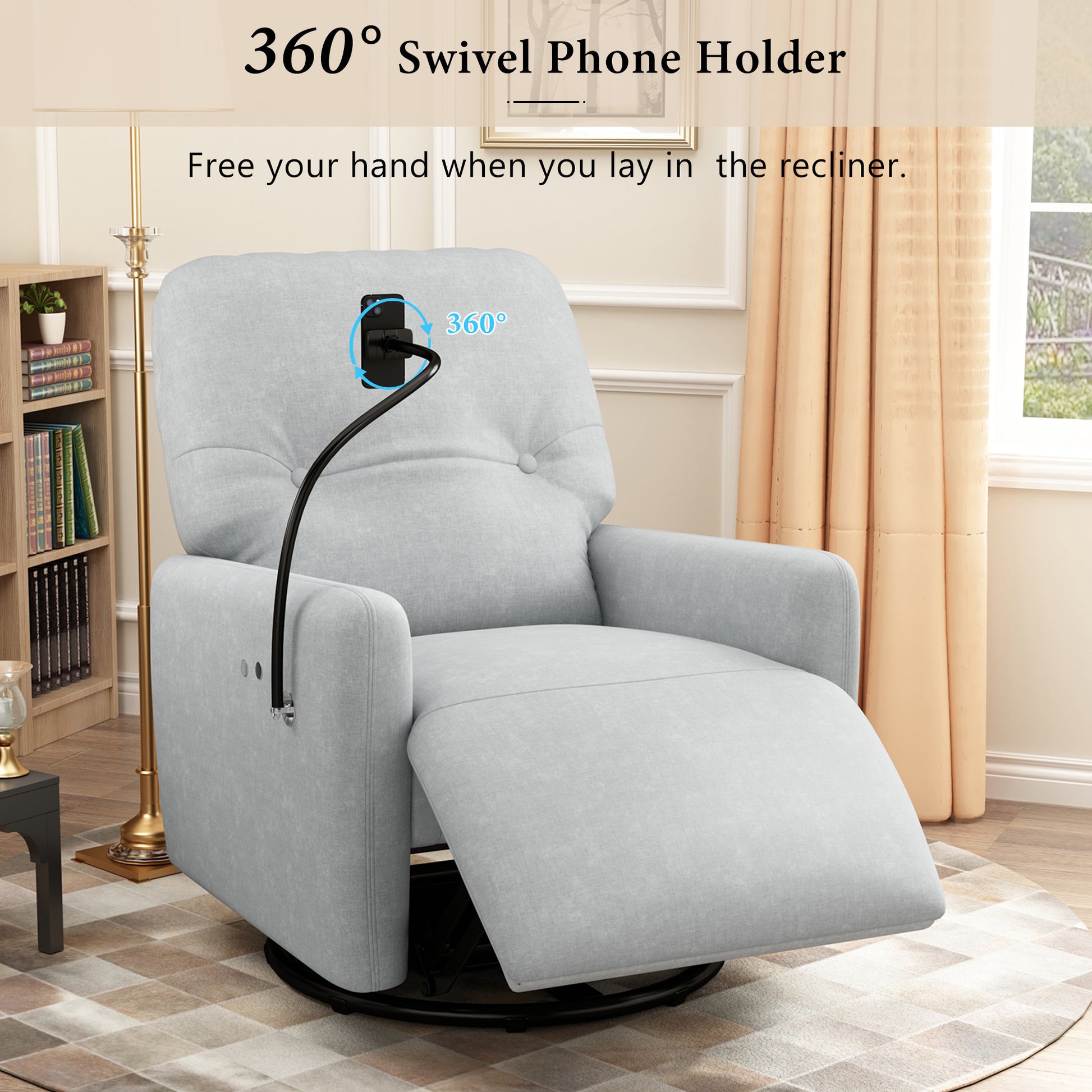 270 Degree Swivel Electric Recliner Home Theater Seating Single Reclining Sofa Rocking Motion Recliner With A Phone Holder For Living Room, Grey Grey Foam Polyester